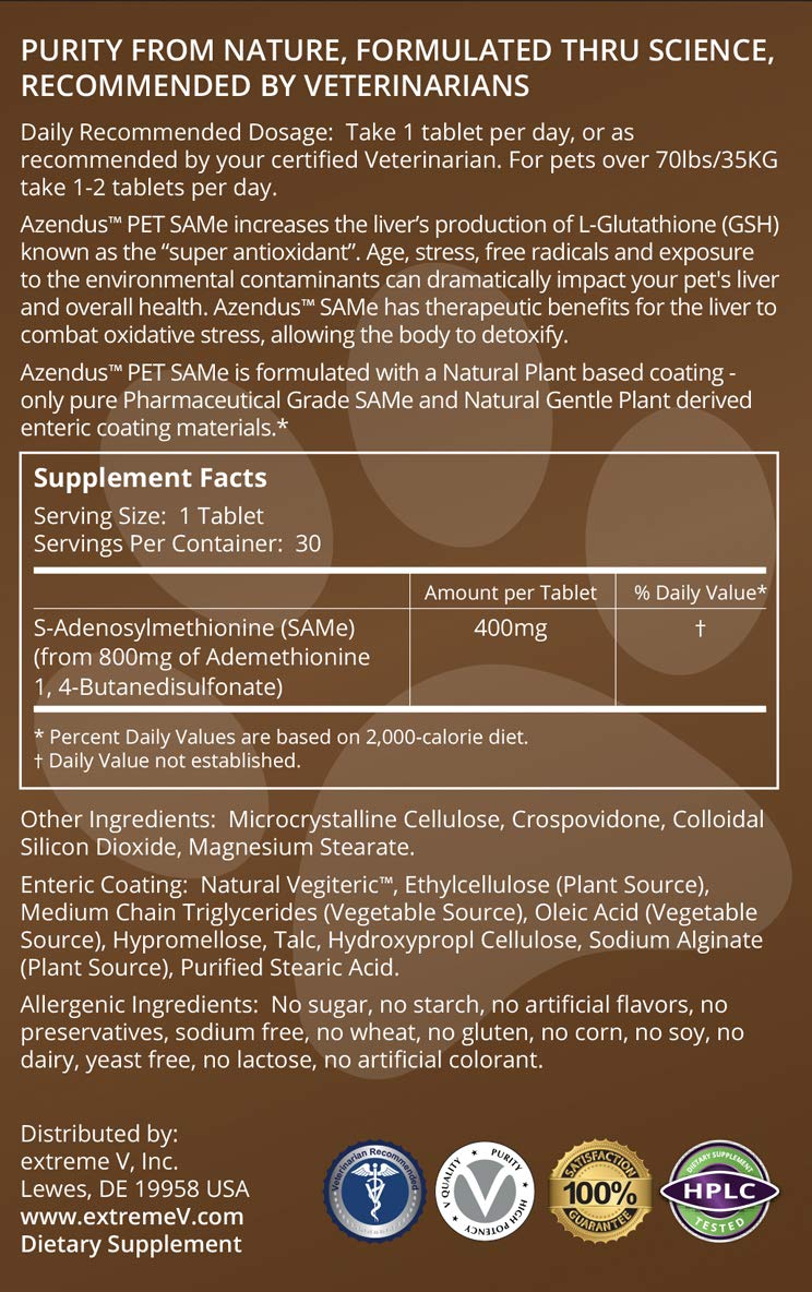 Extreme V Azendus Natural Pet SAM-e 400mg, 30 Tablets