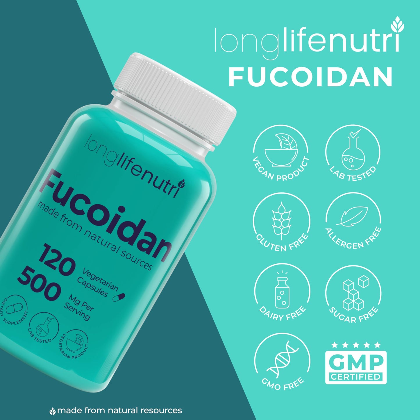 LongLifeNutri Fucoidan 500mg Brown Seaweed Extract Supplement Capsule, 120 Count