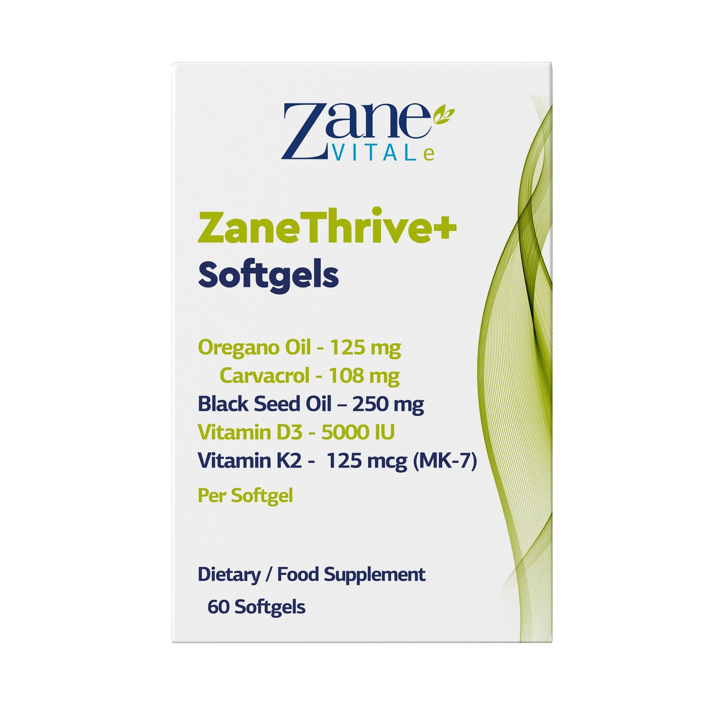 Zane VITALe Vitamin D3 & K2, Oregano Oil, Black Seed Oil Supplement 60 Softgels