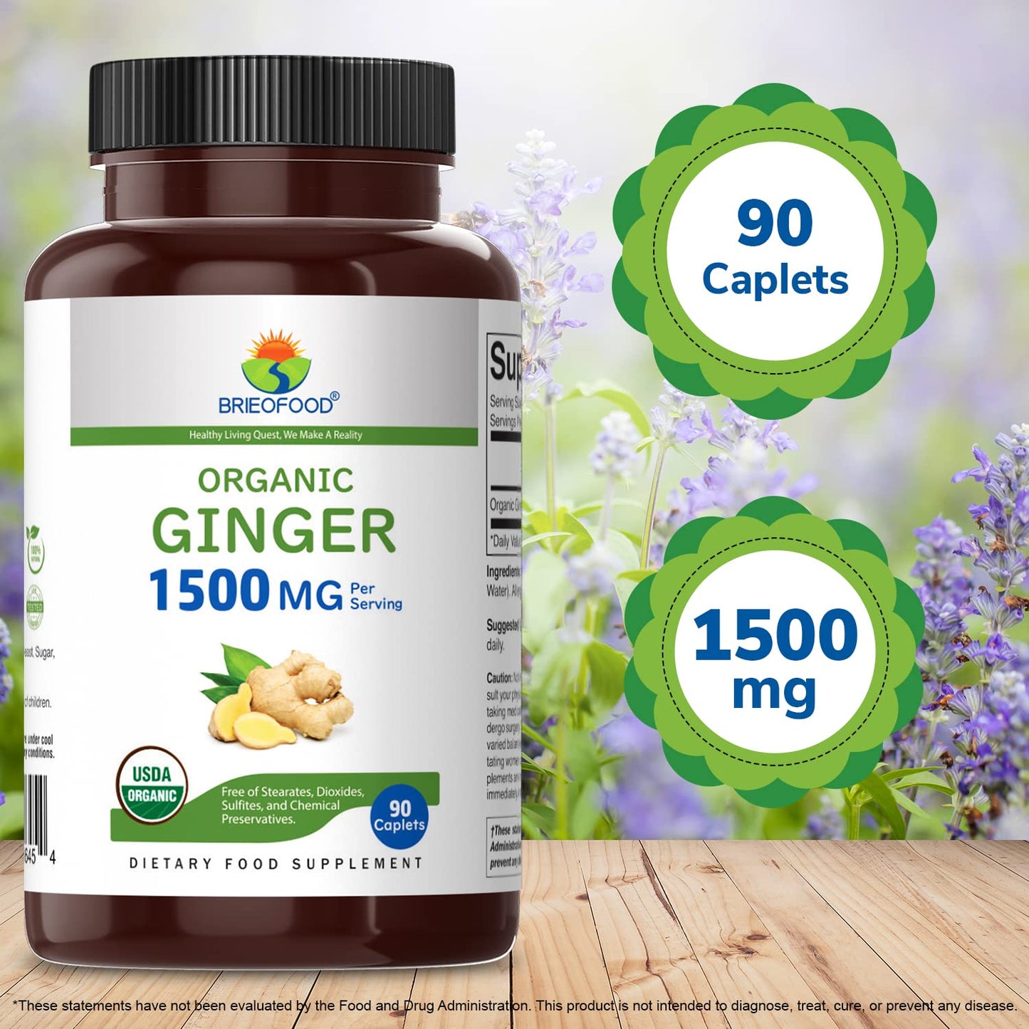Brieofood Organic Ginger 1500mg, 90 Tablets