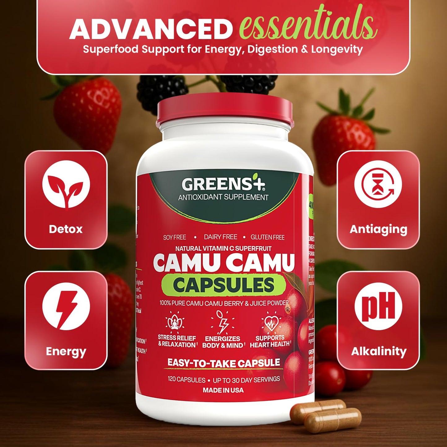 Greens+ SuperFruit Camu Berry Supplement Capsules 120 Count
