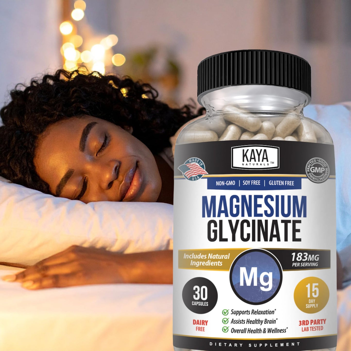 Kaya Naturals Magnesium Glycinate 183mg per Capsule, Chelated for Maximum Absorption, 30 Count