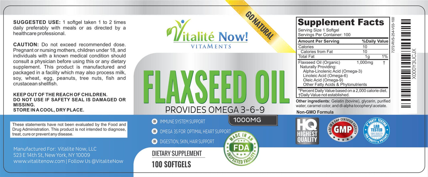 Vitalité Now! Organic Flaxseed Oil Softgels Cold Pressed 1000mg Capsules, 100 Count