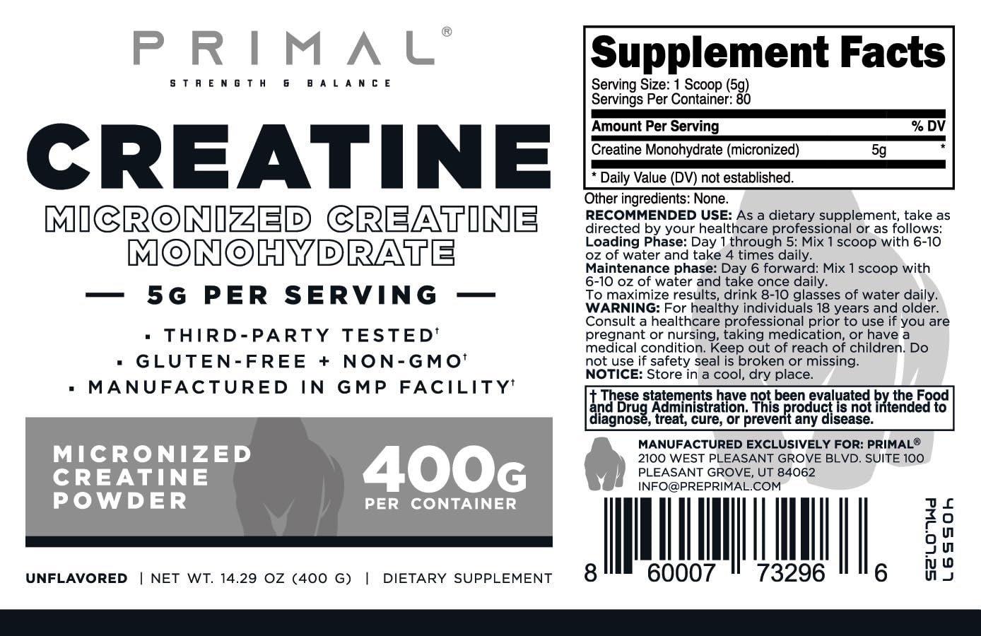 Primal Creatine Monohydrate Powder, 14.11 Ounce
