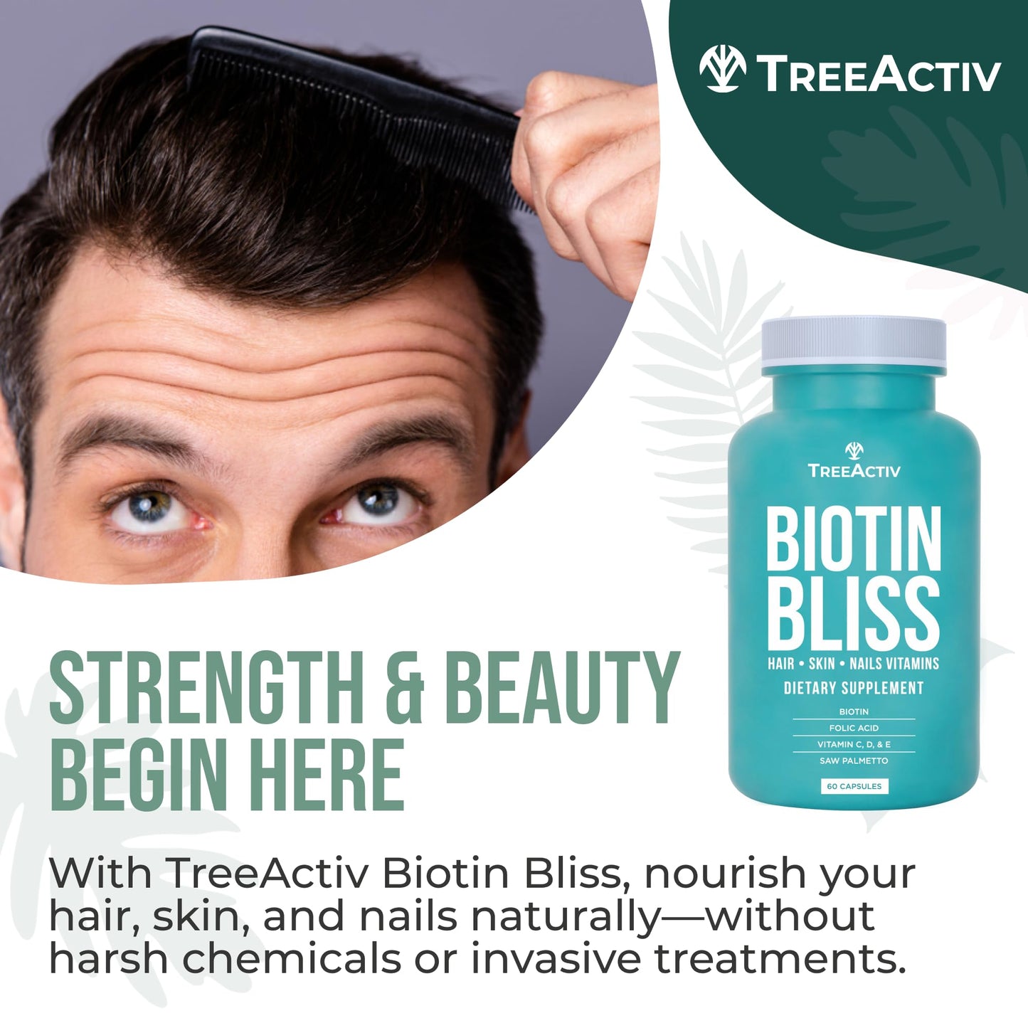 TreeActiv Biotin Bliss Skin Hair Nails Vitamins + Saw Palmetto Supplement Volumizer & Thickening Formula for Hair Growth & Strength Capsules, 60 Count
