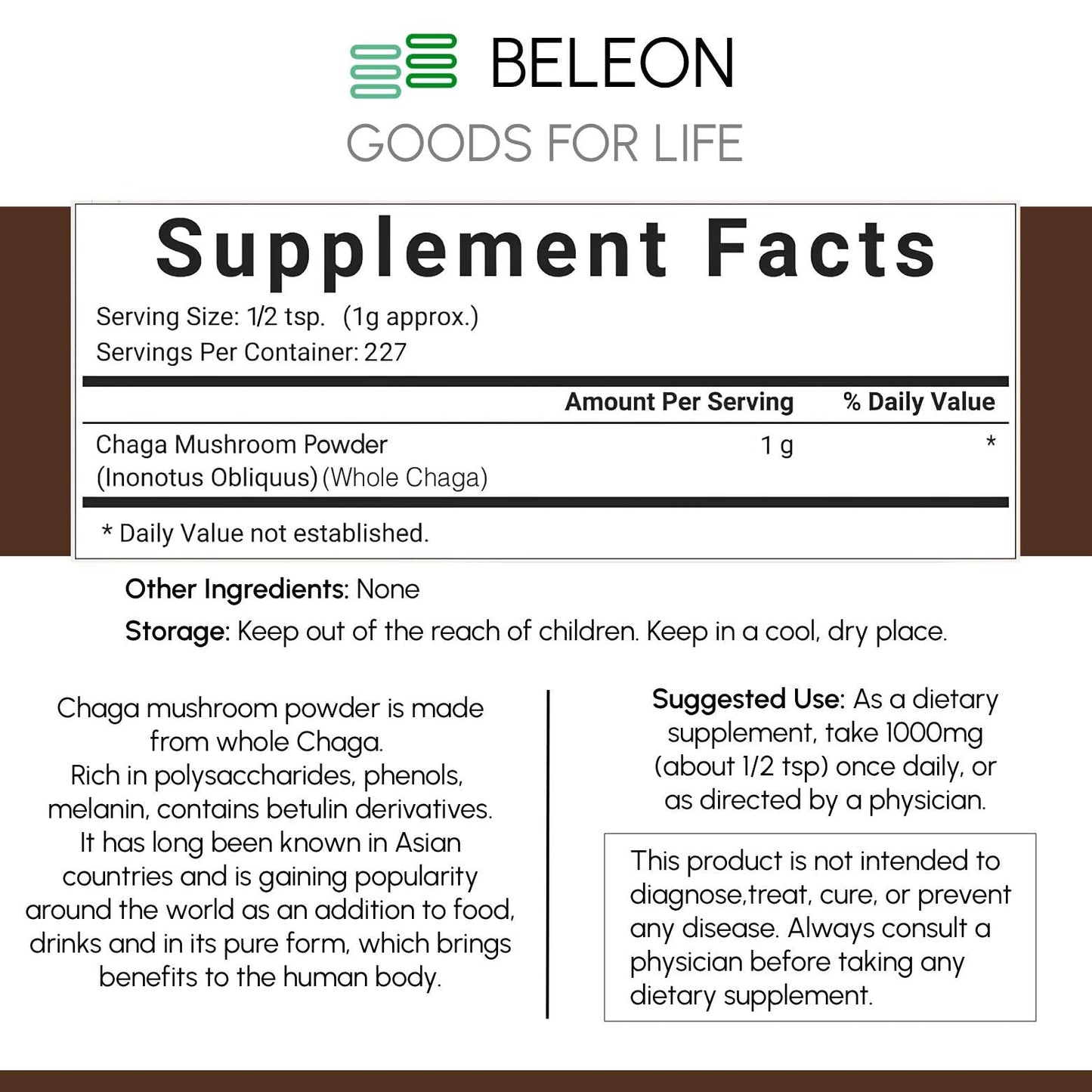 Beleon Goods For Life Chaga Mushrooms Powder 8 oz