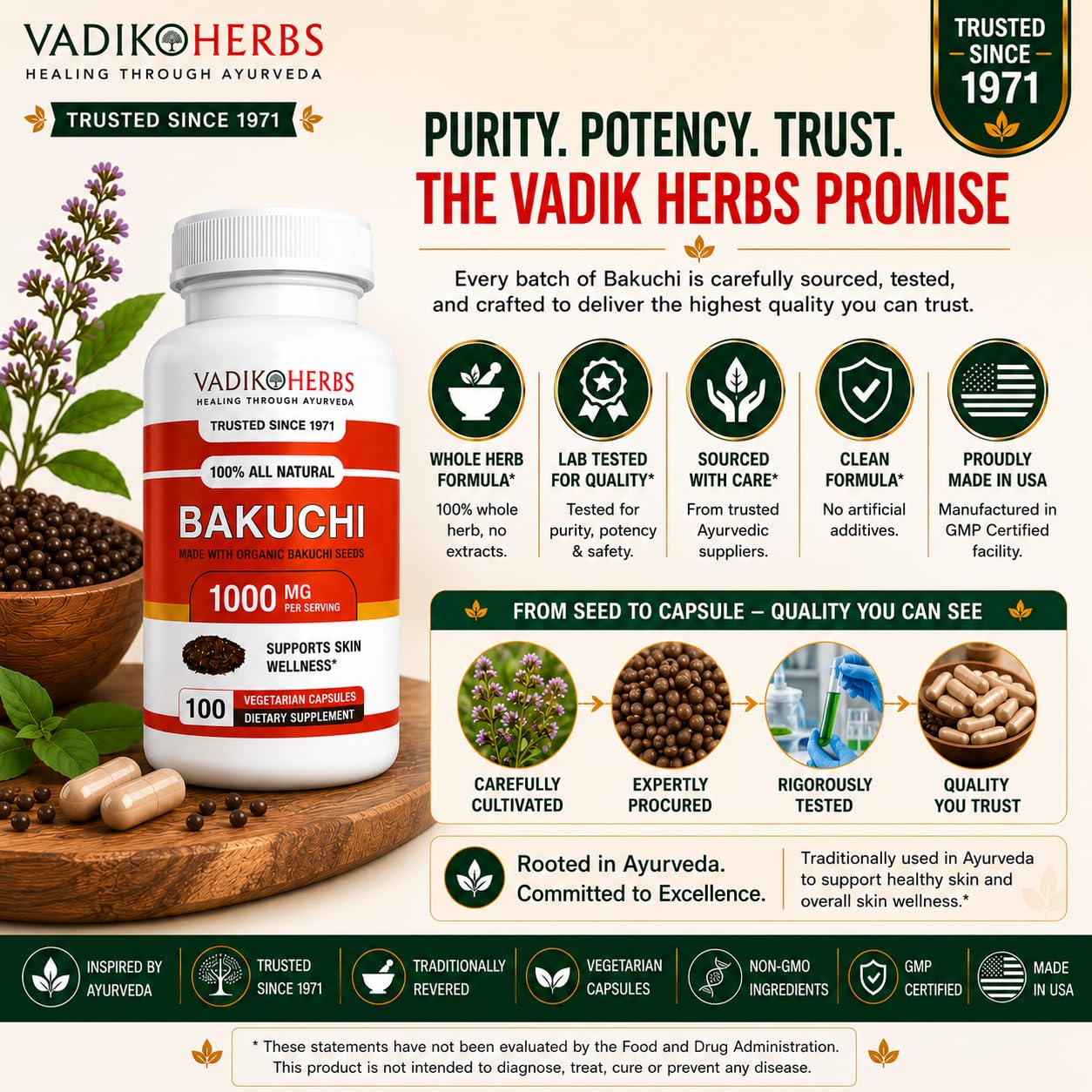 Vadik Herbs Bakuchi (Babchi, Psoralea corylifolia) Certified Organic Powder, 100 Count