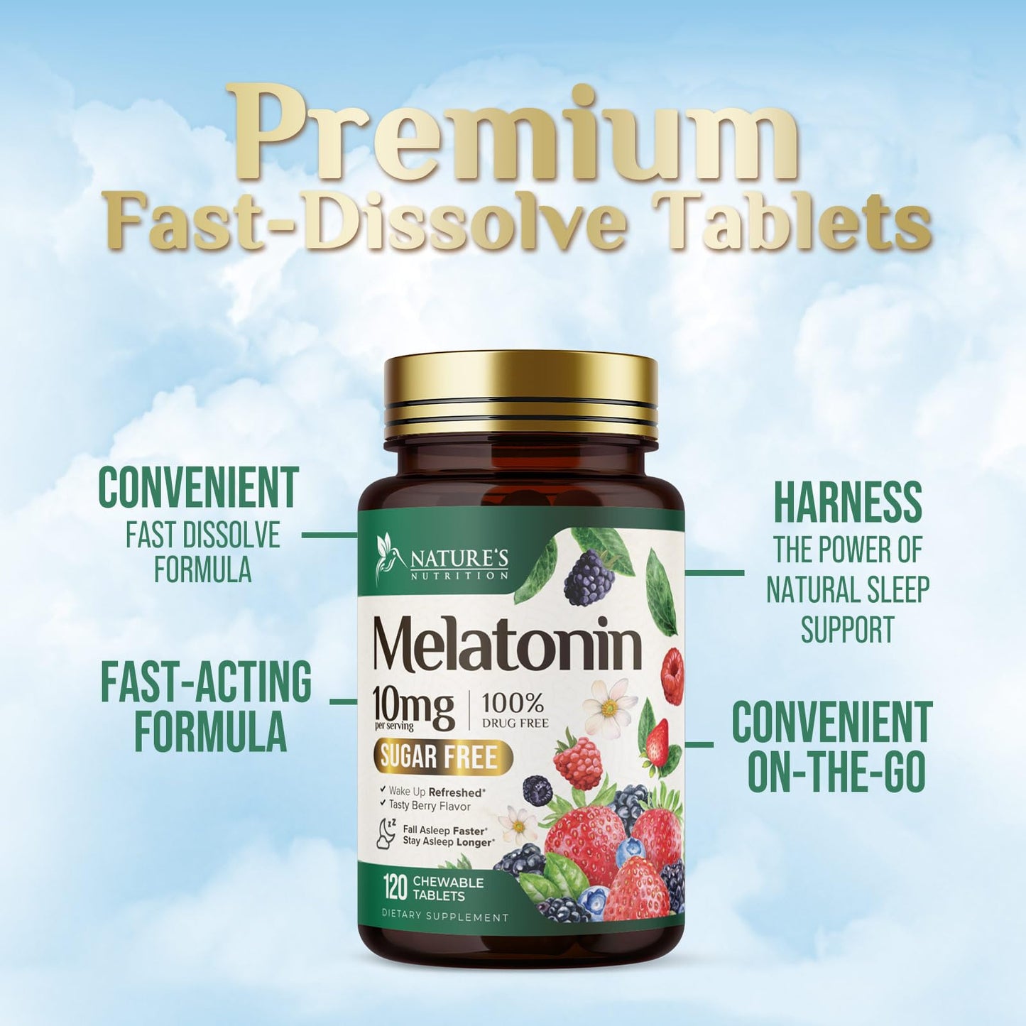 Nature's Nutrition Melatonin Tablets 10mg - Extra Strength Sleep Support, 120 Count