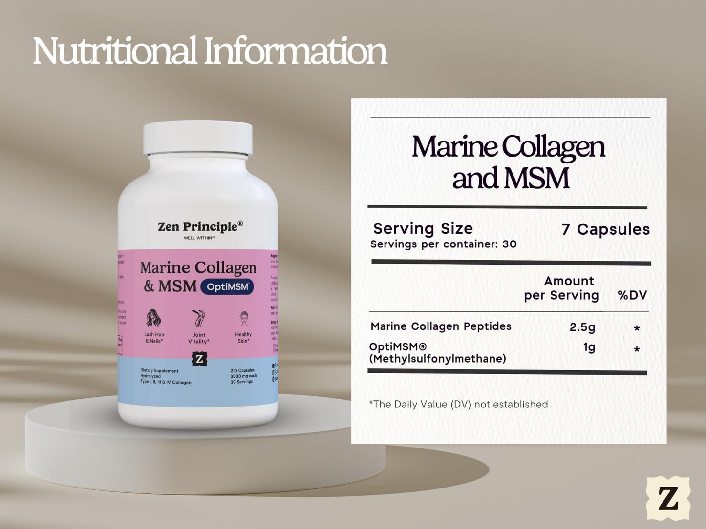 Zen Principle Marine Collagen Peptides Powder with OptiMSM Supplement 210 Capsules