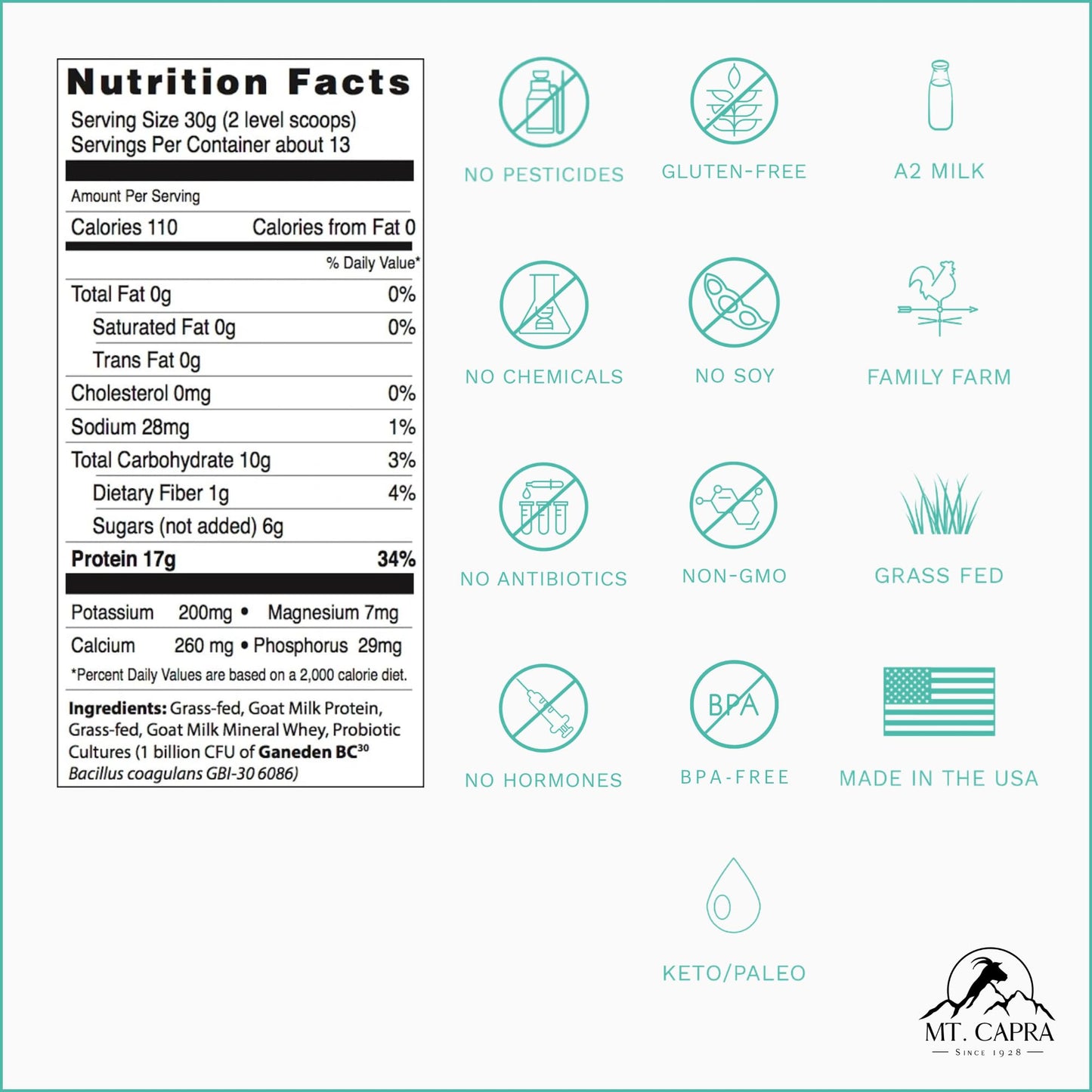 Mt. Capra Clean Whey Protein Powder (Unsweetened) and Clean Whole Protein + Minerals & Probiotics, 30.1
