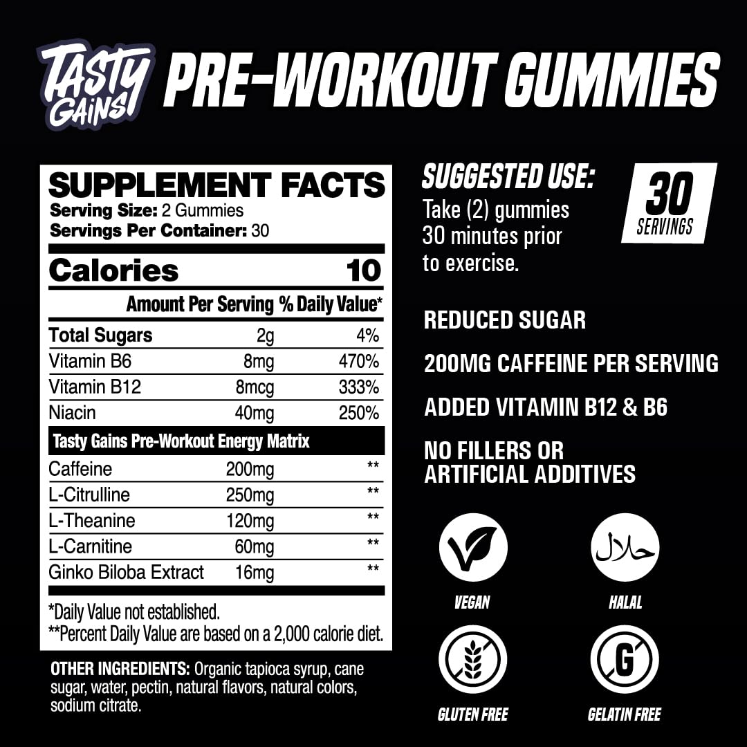 TASTY GAINS Pre-Workout Gummies – Energy & Focus Boost, 200mg Caffeine, Fat-Burning Preworkout for Strength & Endurance, 60 Gummies
