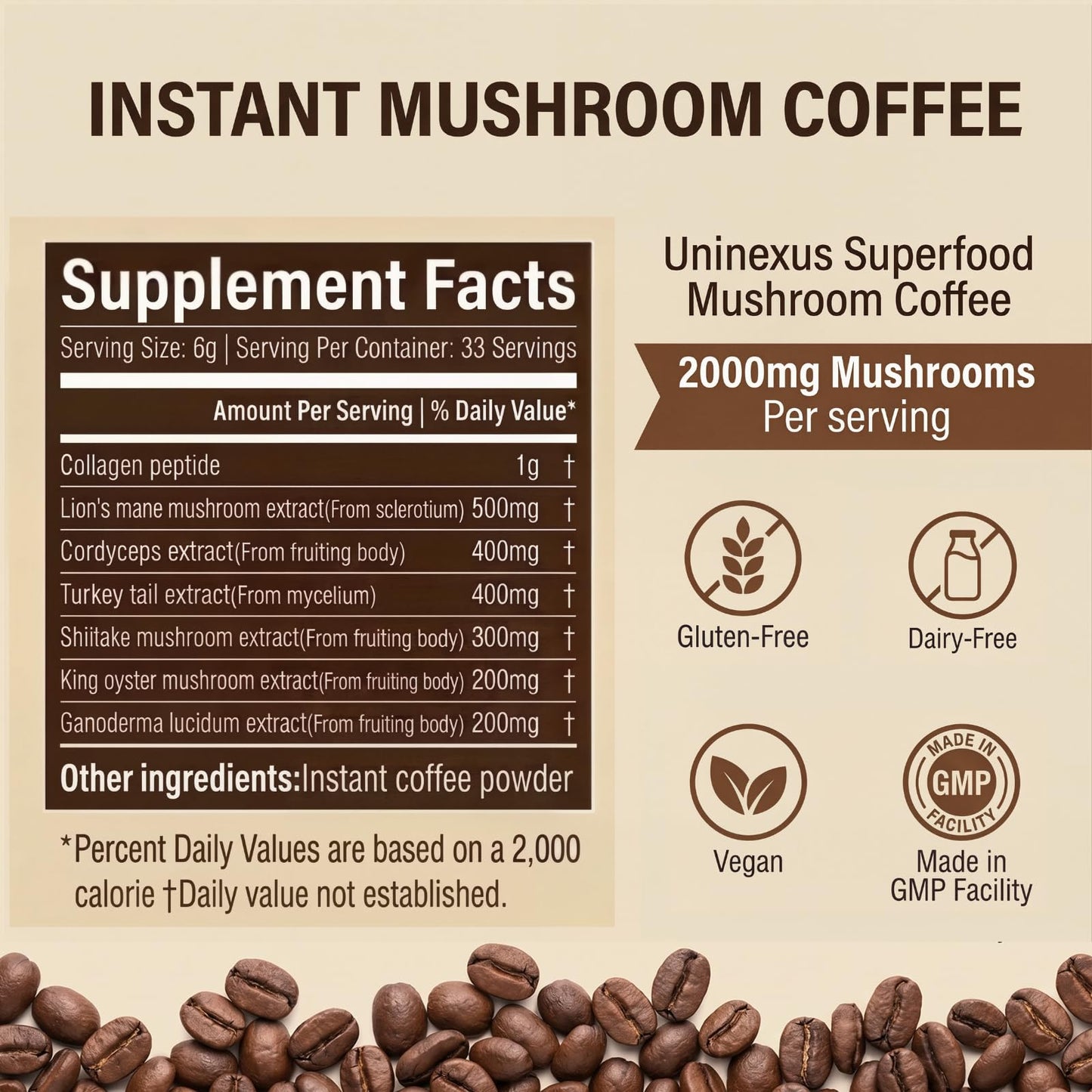 Uninexus Mushroom Coffee Alternative 33 Servings Instant Arabica for Focus Energy Powder 6.95 Ounce