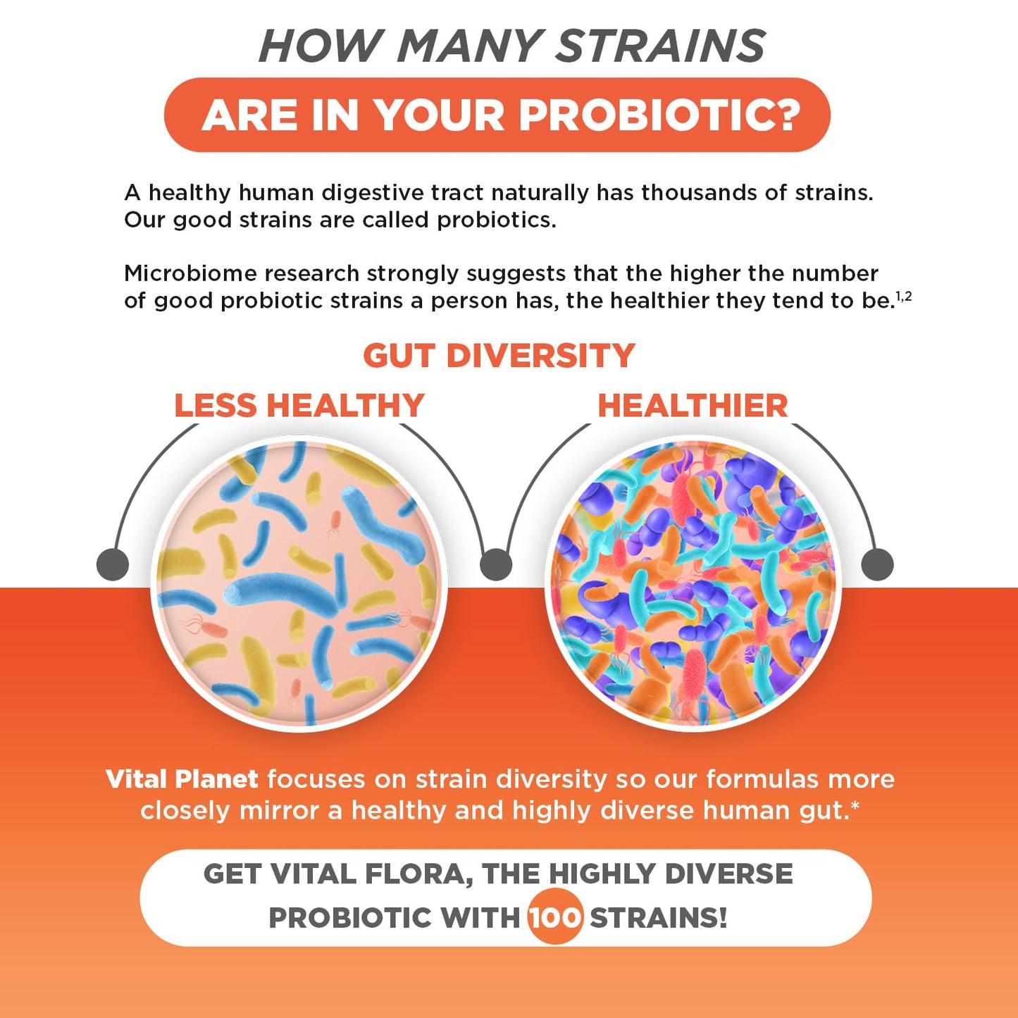 Vital Planet Vital Flora Advanced Biome Probiotic 100 Billion CFU, 100 Diverse Strains, 10 Organic Prebiotics, Immune Support, Colon and Digestive Health Probiotics for Women and Men 30 Capsules