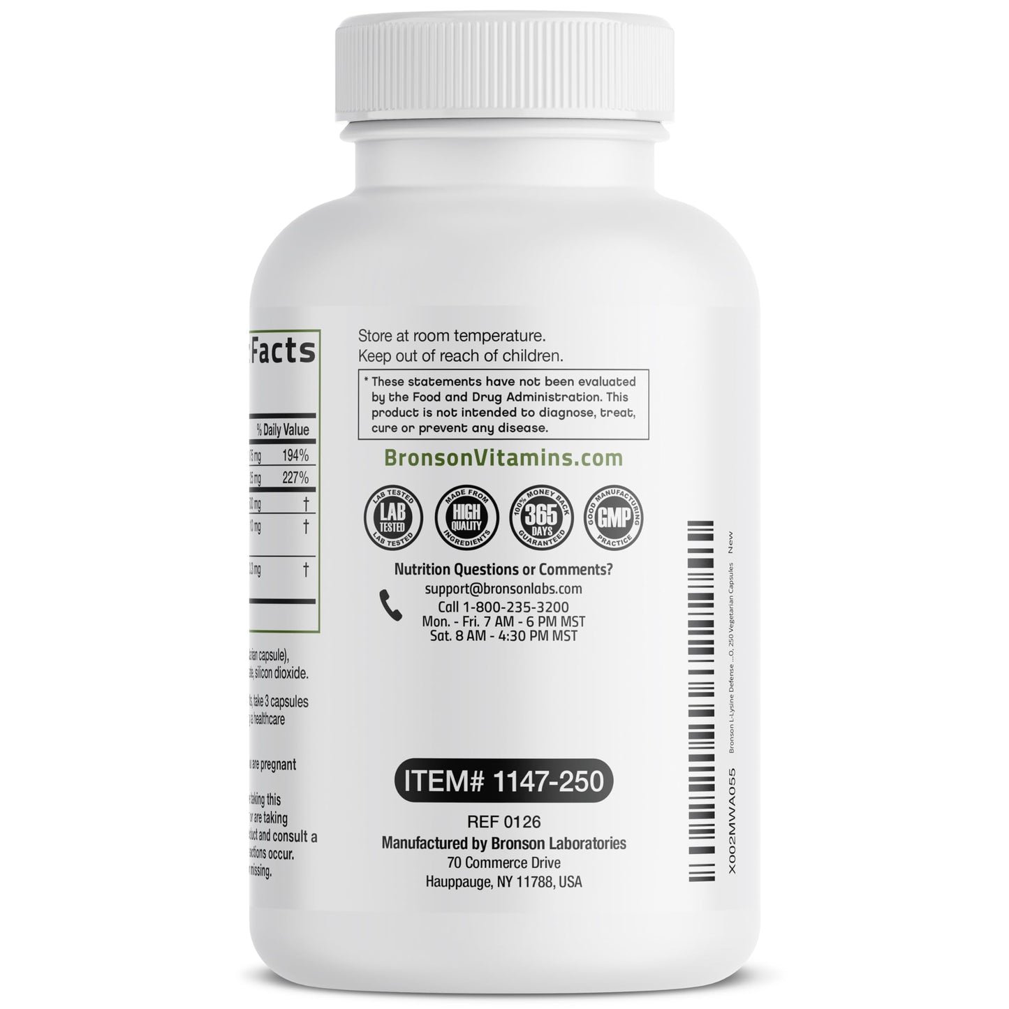 Bronson L-Lysine Defense Immune Support Complex 1500 MG L-Lysine Plus Olive Leaf, Garlic, Vitamin C and Zinc - Non-GMO, 250 Capsules