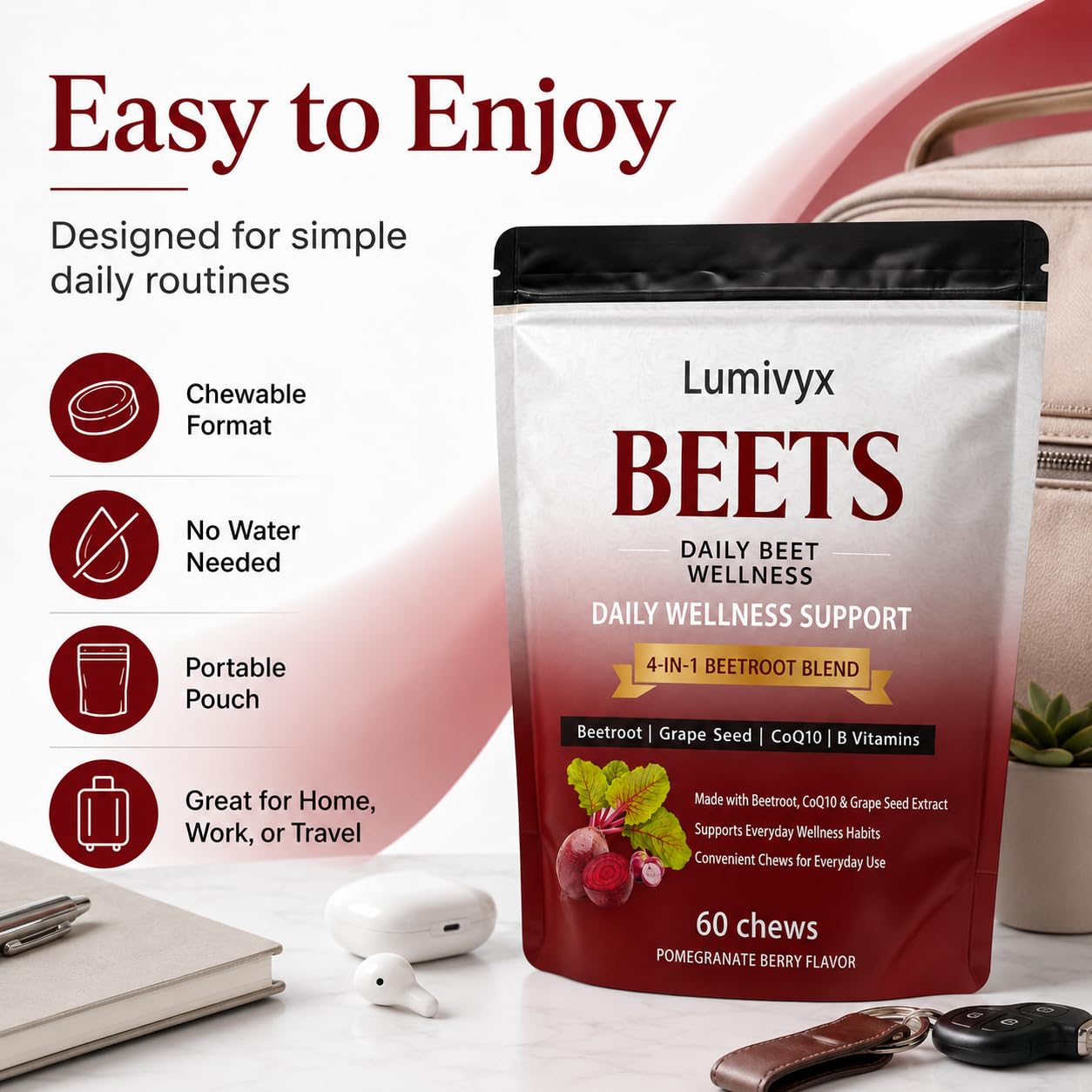 Lumivyx Beet Chews Beetroot Blend with CoQ10 & Grape Seed Extract, Pomegranate Berry Flavor, Gummy, 60 Count