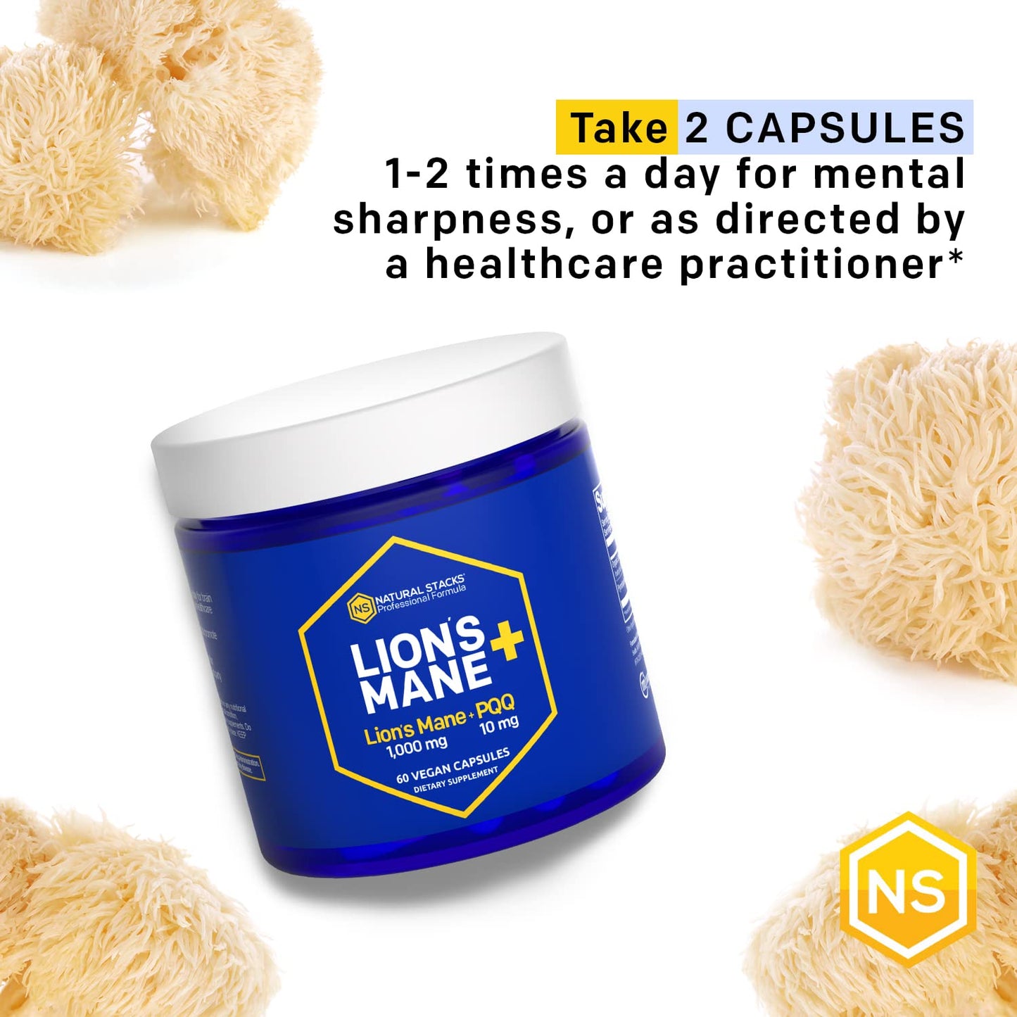 Natural Stacks Organic Lions Mane Mushroom Supplement Capsules 1000mg with 10mg PQQ, 60 Capsules