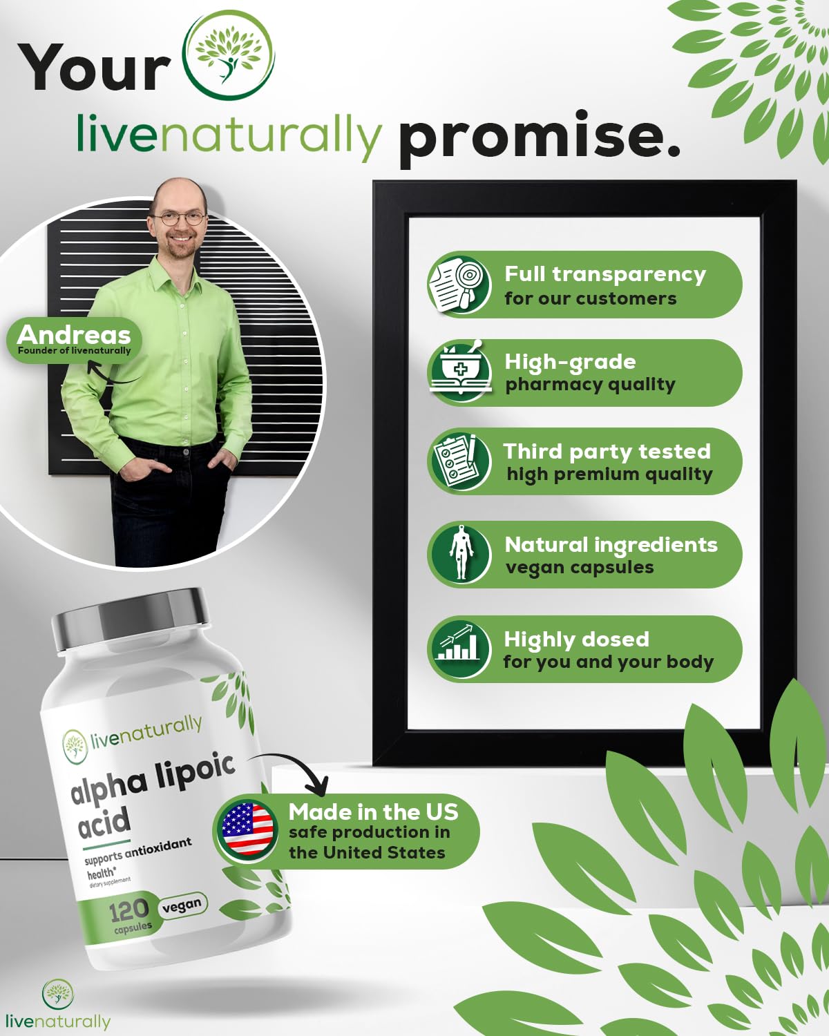 livenaturally Alpha Lipoic Acid 600mg Serving (300mg per Capsule) Capsules 120