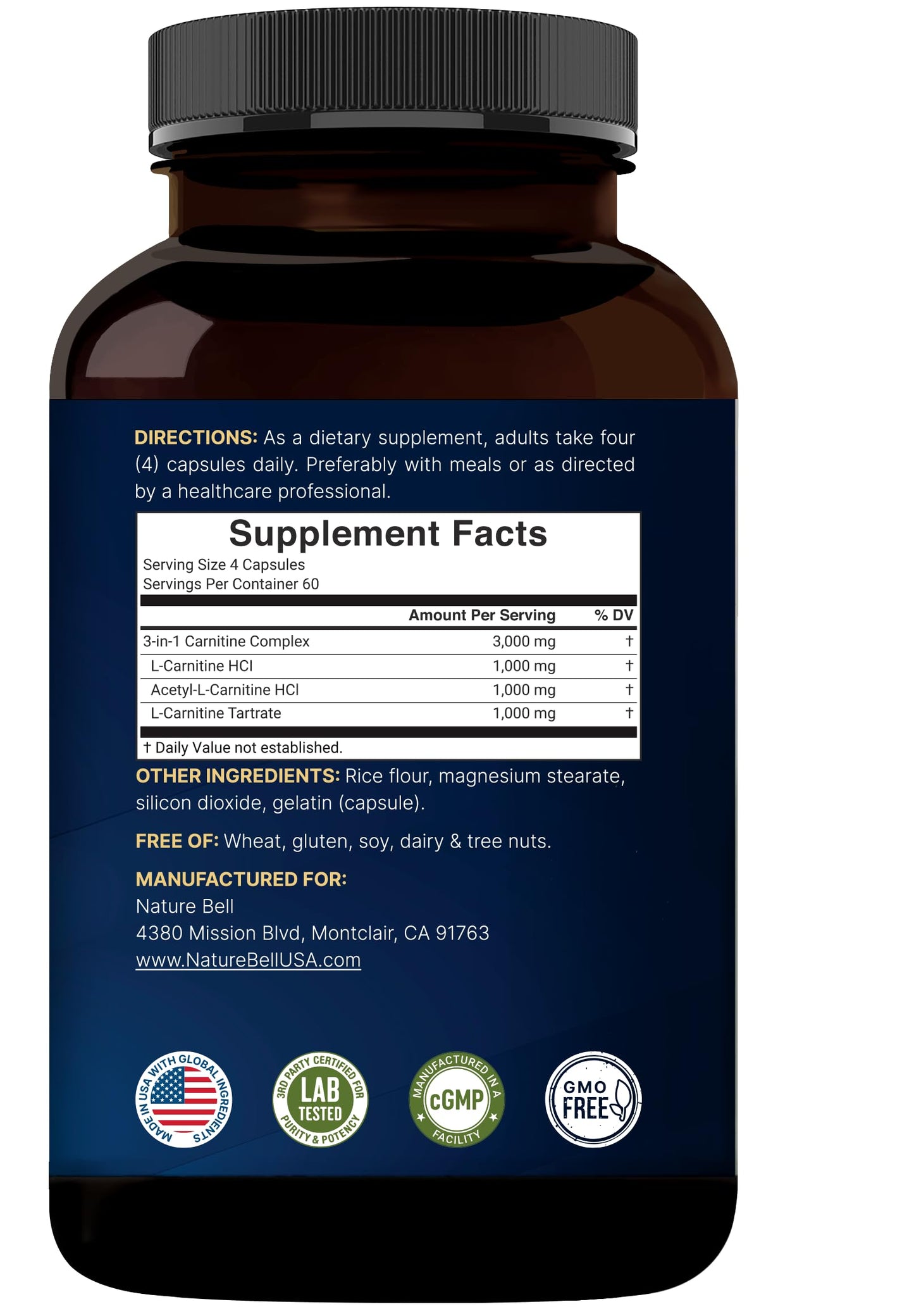 NatureBell Triple L-Carnitine 3,000 mg Per Serving, 3-in-1 Carnitine Complex with L-Carnitine HCl, ALCAR & Tartrate, 240 Capsules
