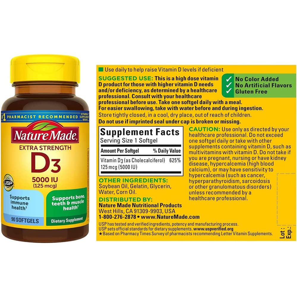 Nature Made Vitamin D3 5000 IU (125 mcg) Softgel 90 Count