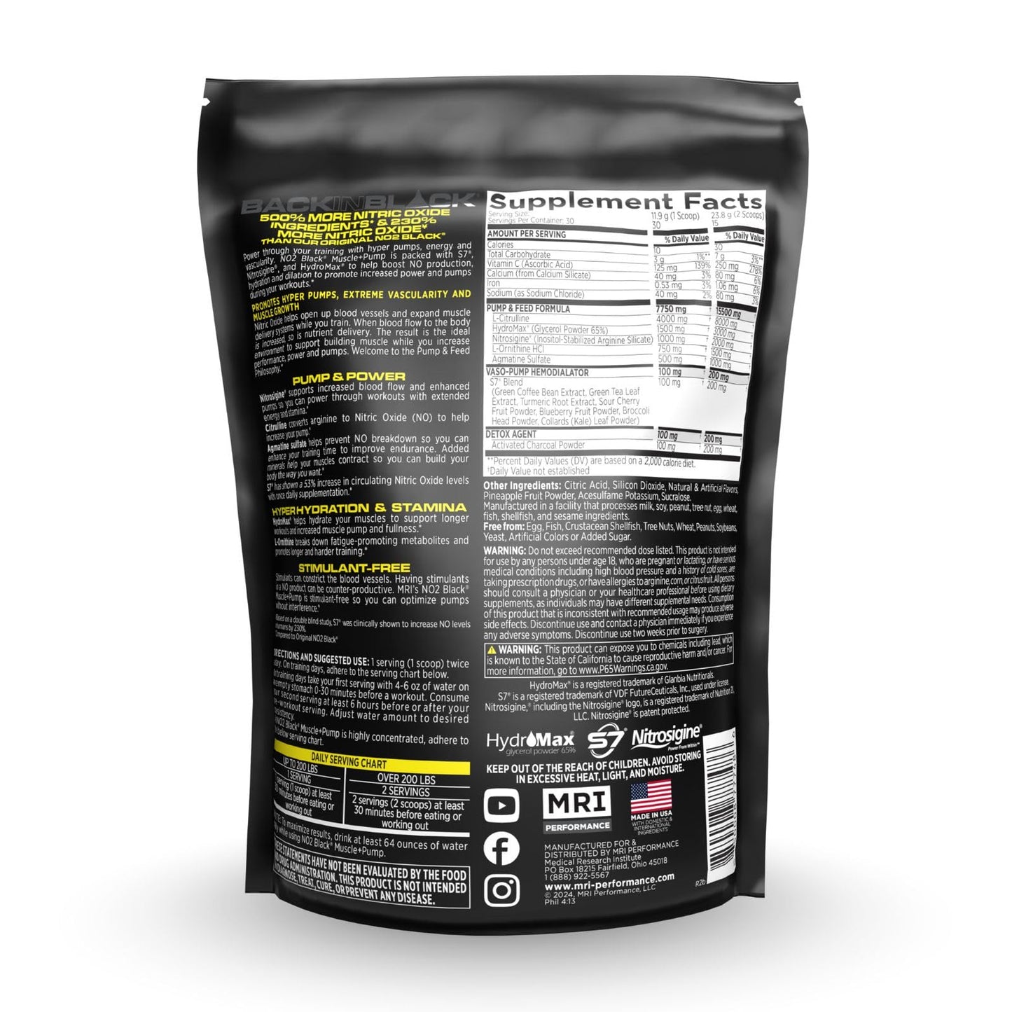 MRI NO2 Black Nitric Oxide, Pump & Muscle, Stim-Free (Black Razzy Ripped) Powder, 12.59 Ounce