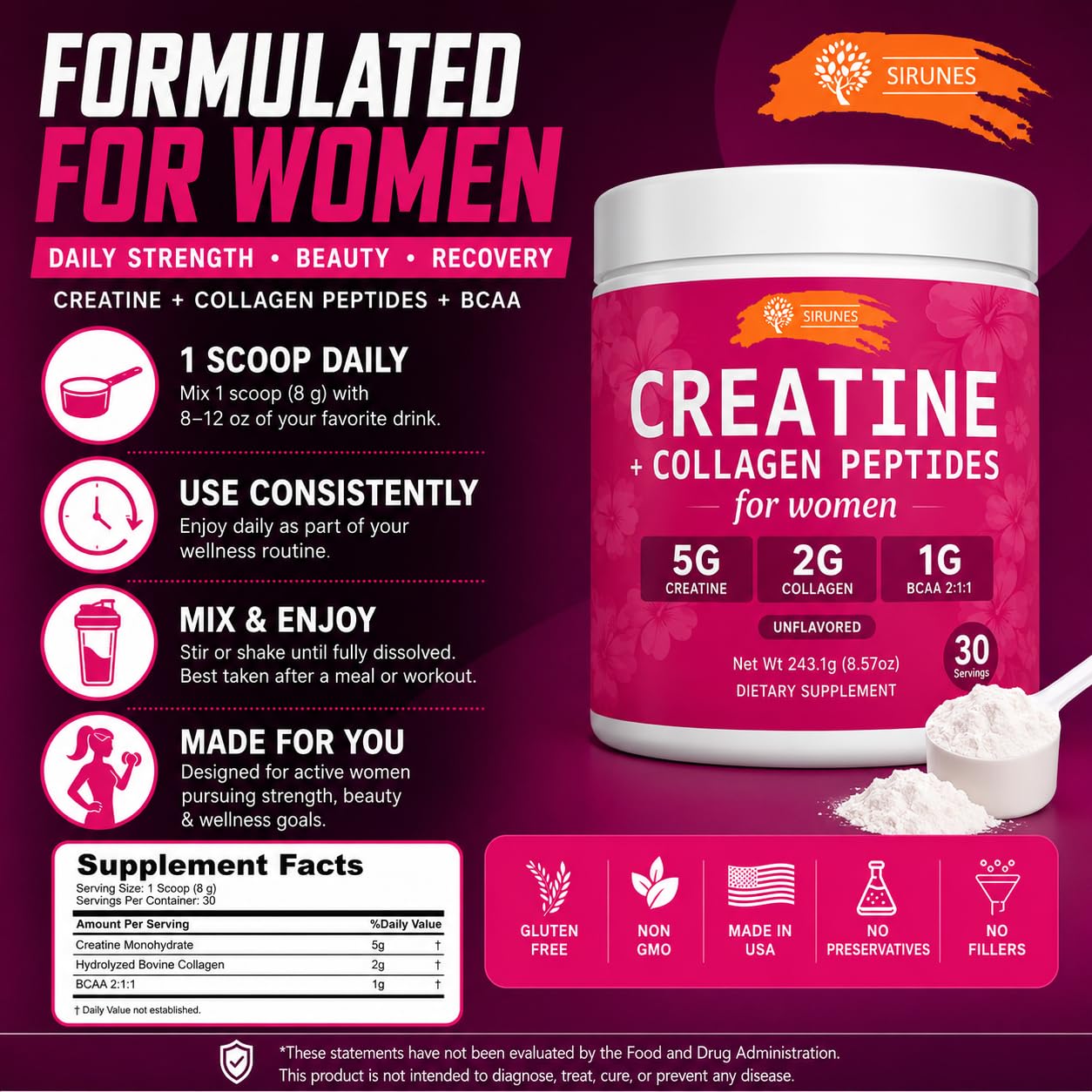 SIRUNES Creatine and Collagen for Women – 5g Creatine Monohydrate, 2g Collagen Peptides, 1g BCAA 2:1:1 – Beauty and Strength Powder, Unflavored, 100