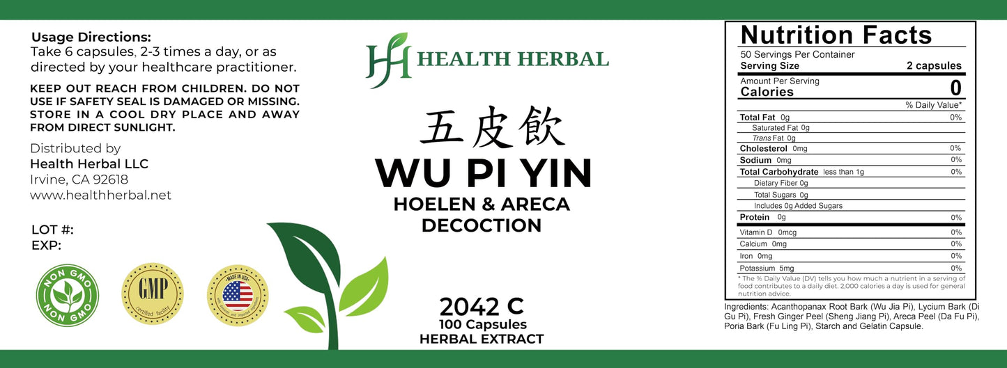 Health Herbal Wu Pi Yin/Hoelen & Areca Decoction Capsules, 100 Capsules