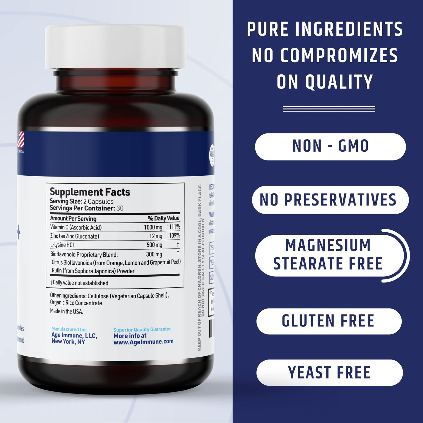 AgeImmune Vitamin C 1000mg Complex with L-Lysine 500mg, Zinc Gluconate 12mg, Bioflavonoids 300mg Capsules 120