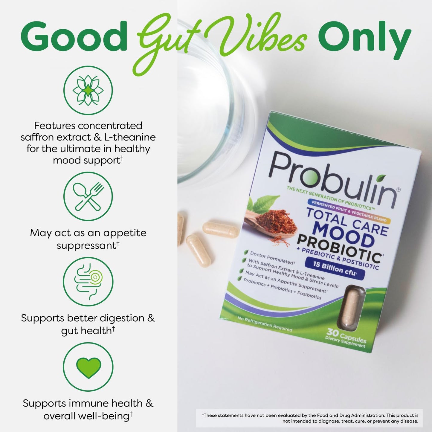 Probulin Mood Probiotics for Women with Saffron, L-Theanine, Probiotic, Prebiotic, Postbiotic - Mood Support & Gut Support - Vegan, Non-GMO, 30 Capsules