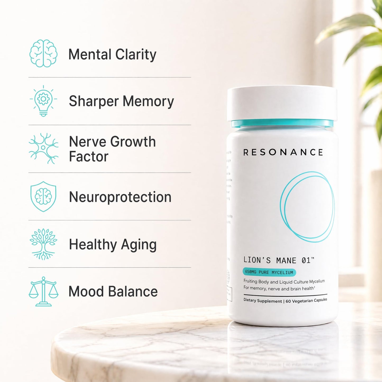 Resonance Health Lions Mane 01 Premium Organic Lion's Mane Mushroom Supplement 60 Capsules