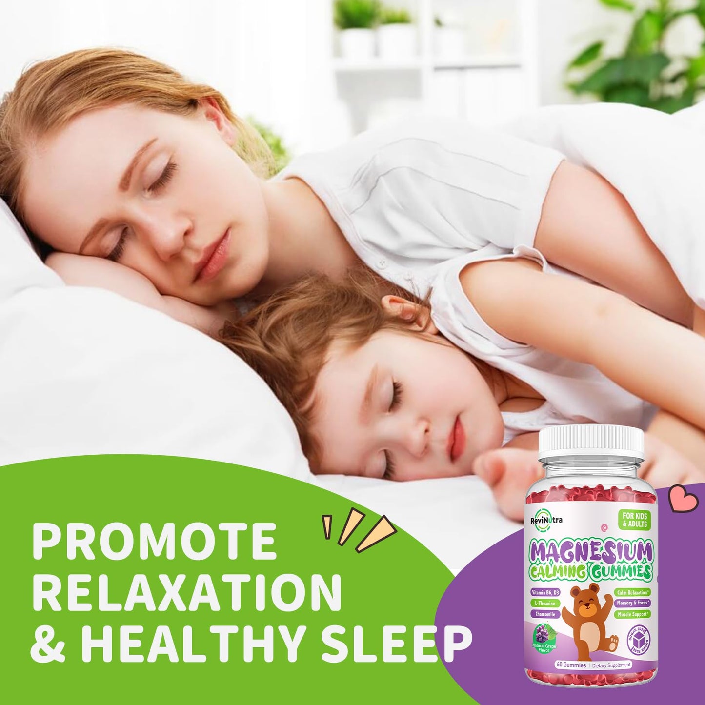 ReviNutra Magnesium Glycinate Gummies with L-Theanine, Vitamin B6 & D3 for Kids & Adults, Sugar Free, 60 Gummies