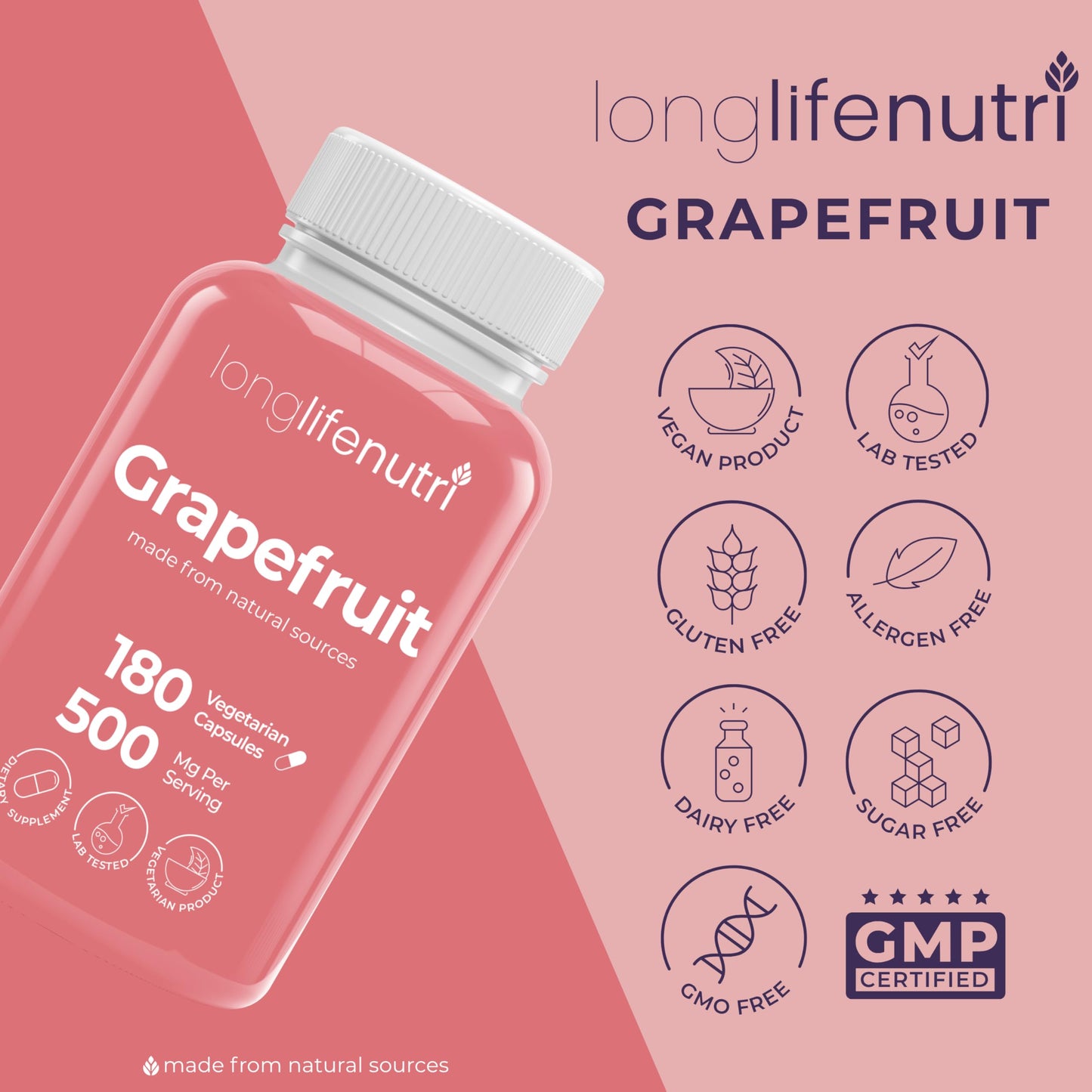 LongLifeNutri Grapefruit Seed Extract 500mg Capsule, 180 Count
