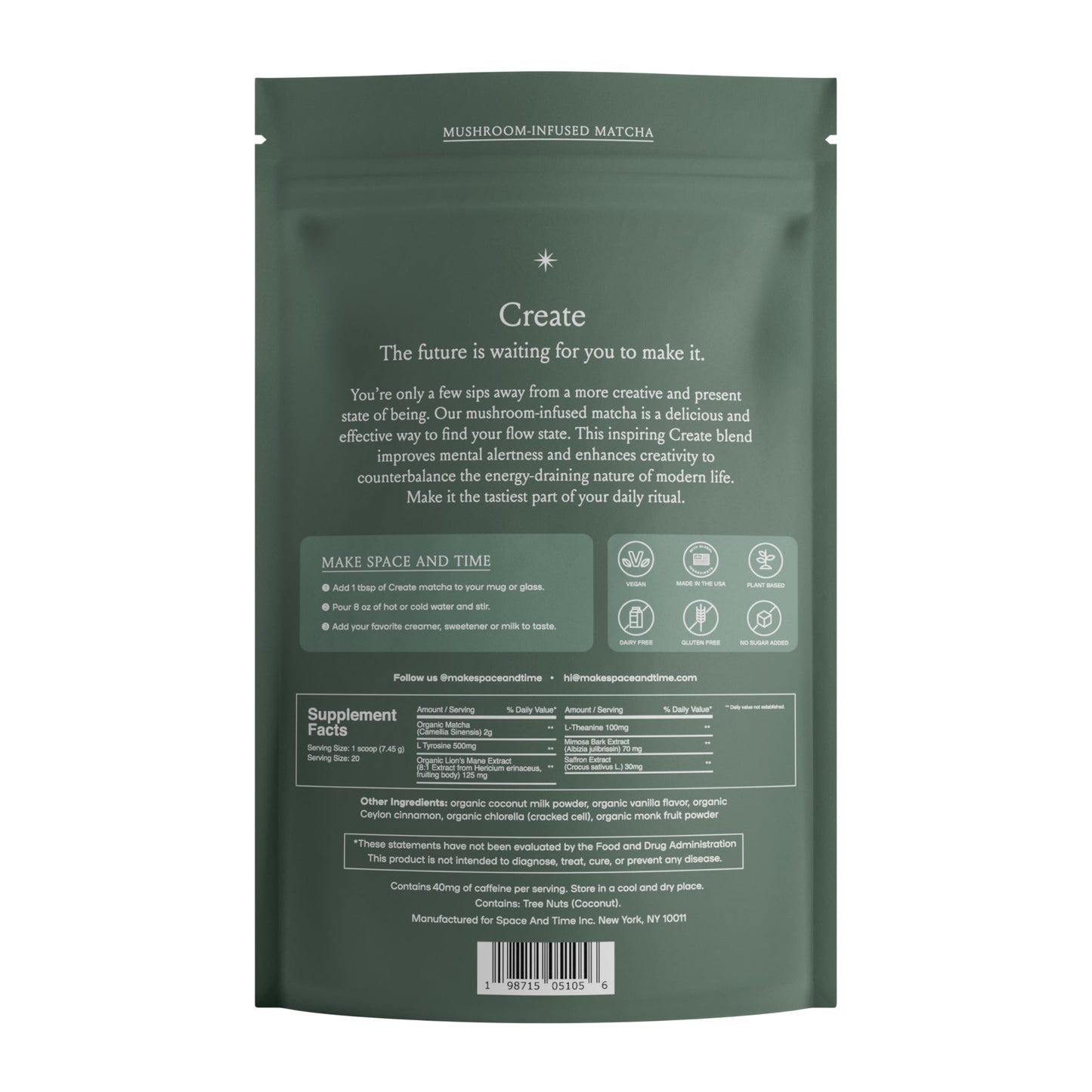 SPACE AND TIME Create Mushroom Matcha Tea Powder 5.25 Ounce