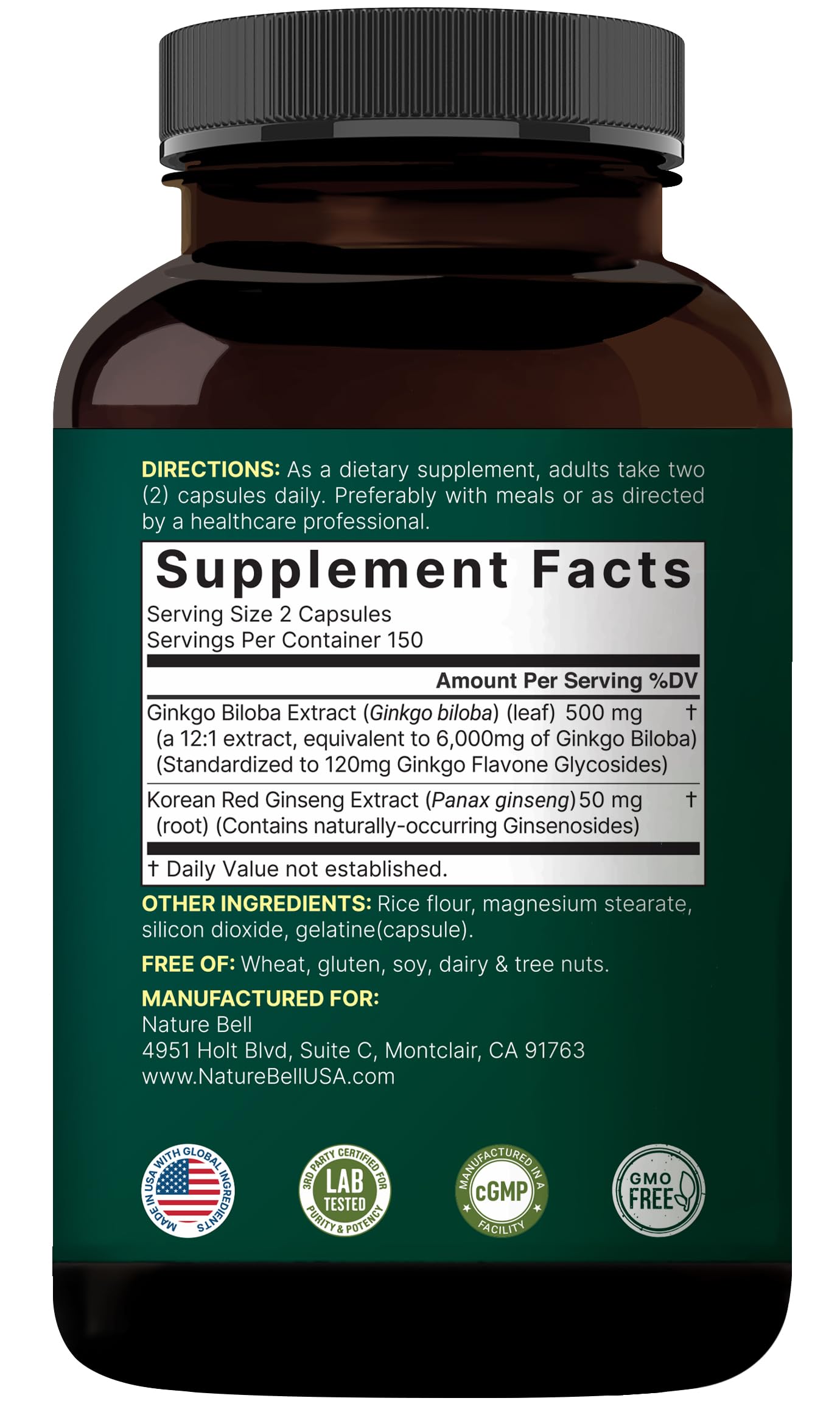 NatureBell Ginkgo Biloba with Panax Ginseng Capsules, 300 Count