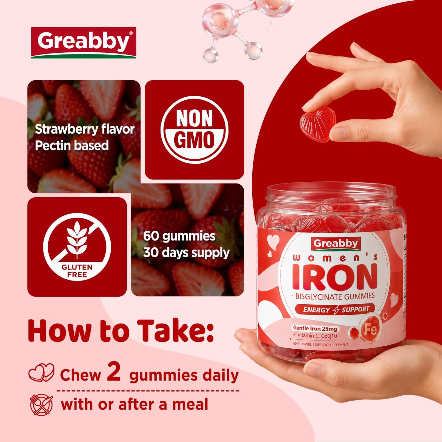 GREABBY Iron Bisglycinate with Vitamin C for Women, Ferrous Bisglycinate Gummies, 60 Count