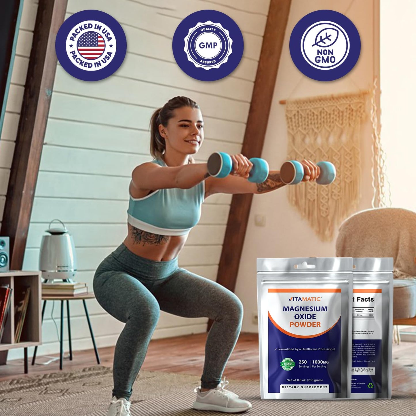Vitamatic Magnesium Oxide Powder 8.8 oz, 250 Servings, 600 mg Elemental Magnesium, Unflavored