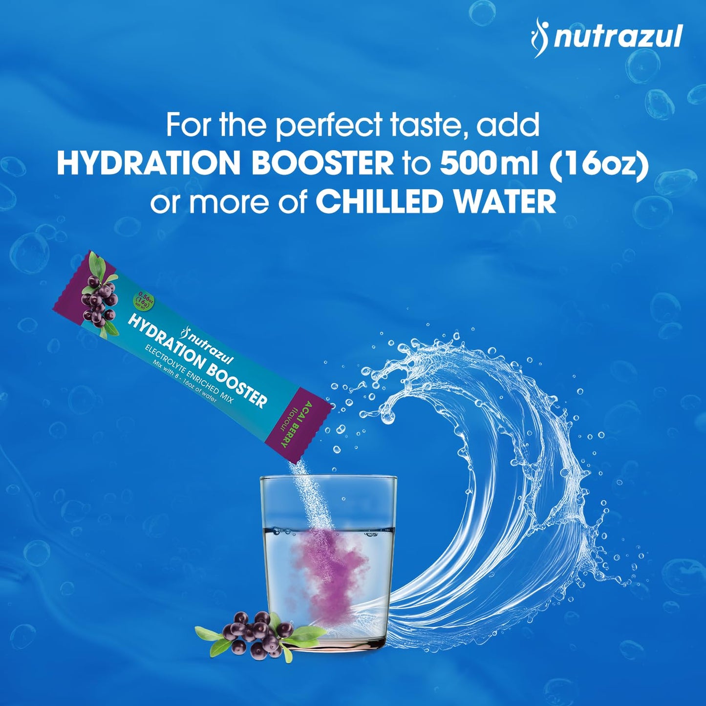 Nutrazul Hydration Booster Electrolytes Powder Sticks Acai Berry Flavor, 90 Sticks