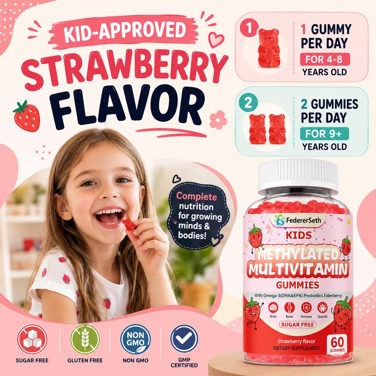 FedererSeth Methylated Multivitamin for Kids, Omega3, Methylfolate & B12, Calcium, Probiotics, Elderberry, for Kids & Teens, Growth, Immune, Bone, Brain, Focus, No Sugar Gummy 120