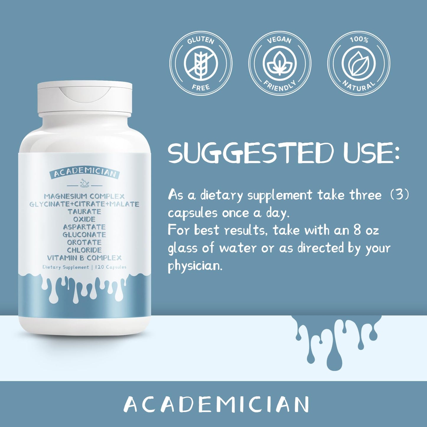 Academician Magnesium Citrate Capsules with Magnesium Glycinate, Malate, Taurate and Vitamin B Complex, 120 Capsules