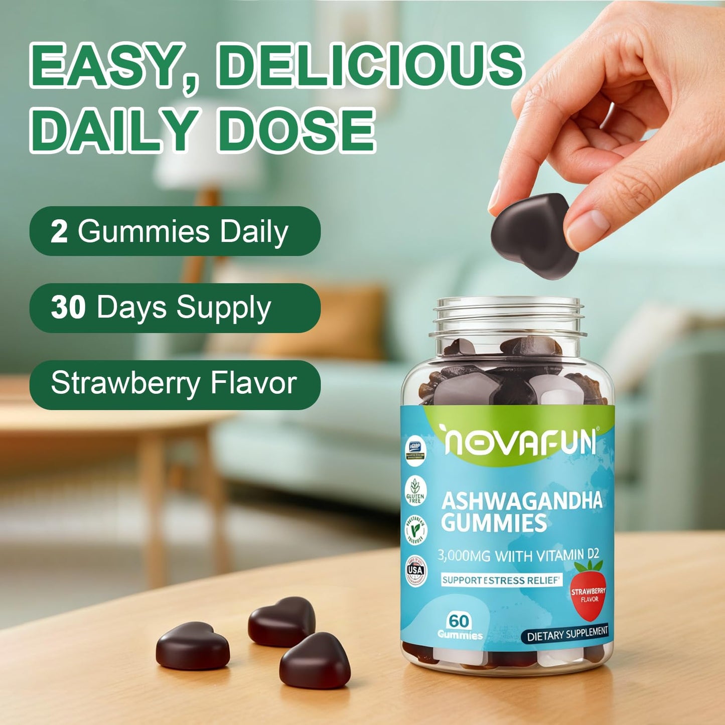 Novafun Ashwagandha Gummies with Vitamin D2, 60 Count