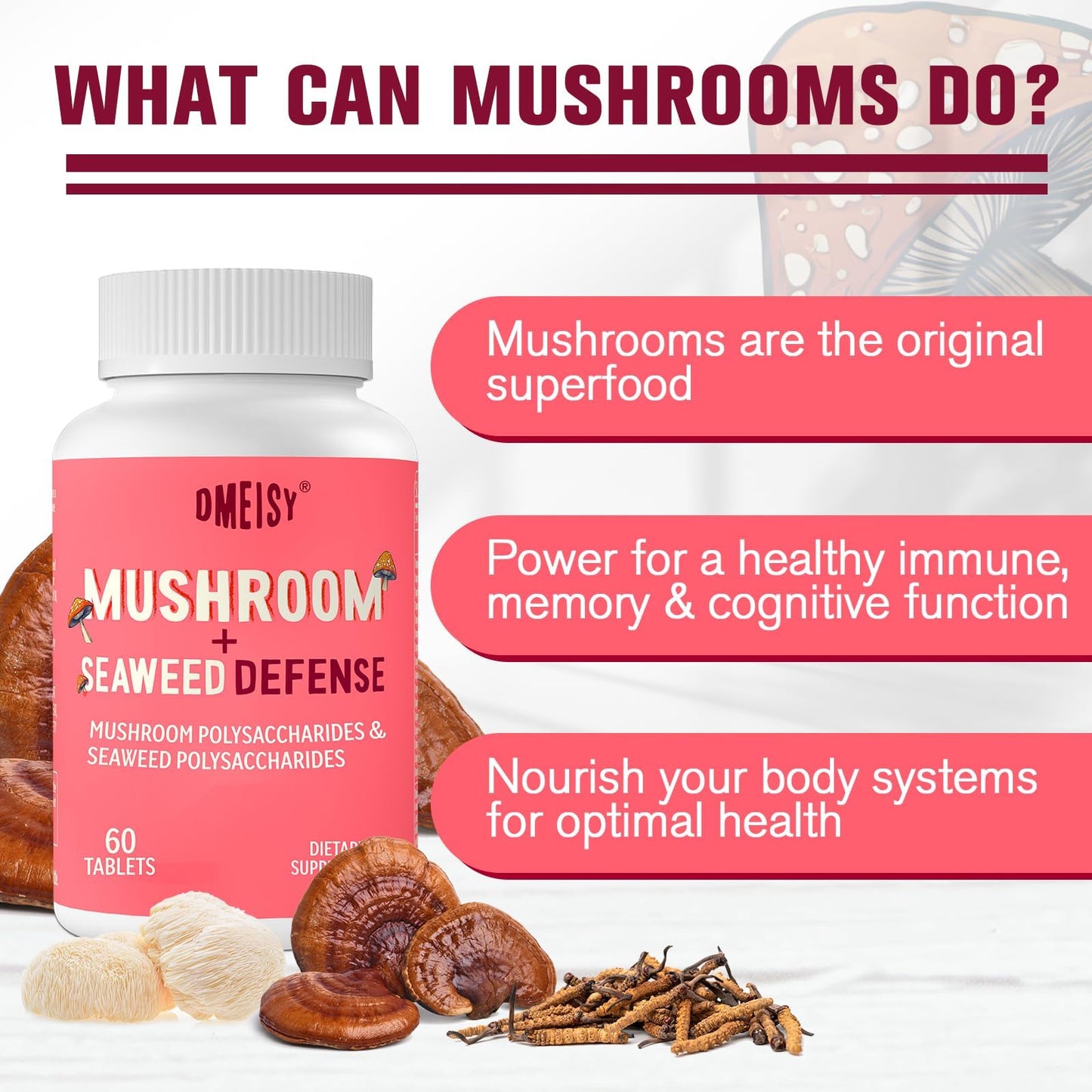 Dmeisy Sublingual Mushroom Complex 18-in-1 Mushroom Supplement Tablet, 60 Tablets