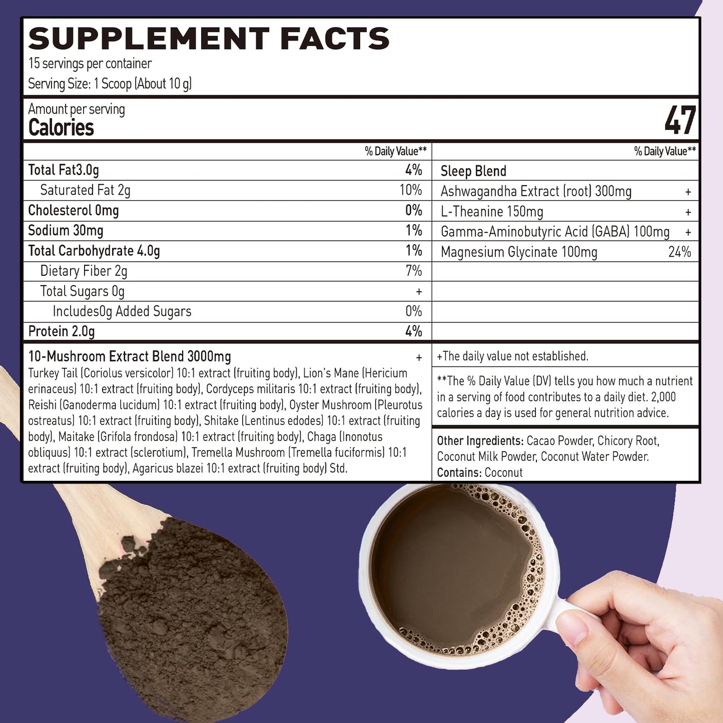 Suiyilary 10 Mushroom Hot Cocoa for Calm Powder 5.3 Ounce