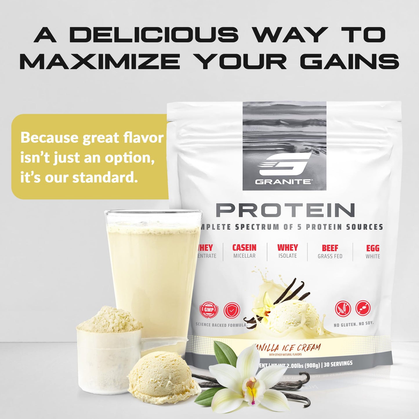 Granite Supplements Protein Powder - Premium 5-Source Blend (Whey, Casein, Egg, Grass-Fed Beef) Vanilla Ice Cream, Powder, 6 x 5.41 oz