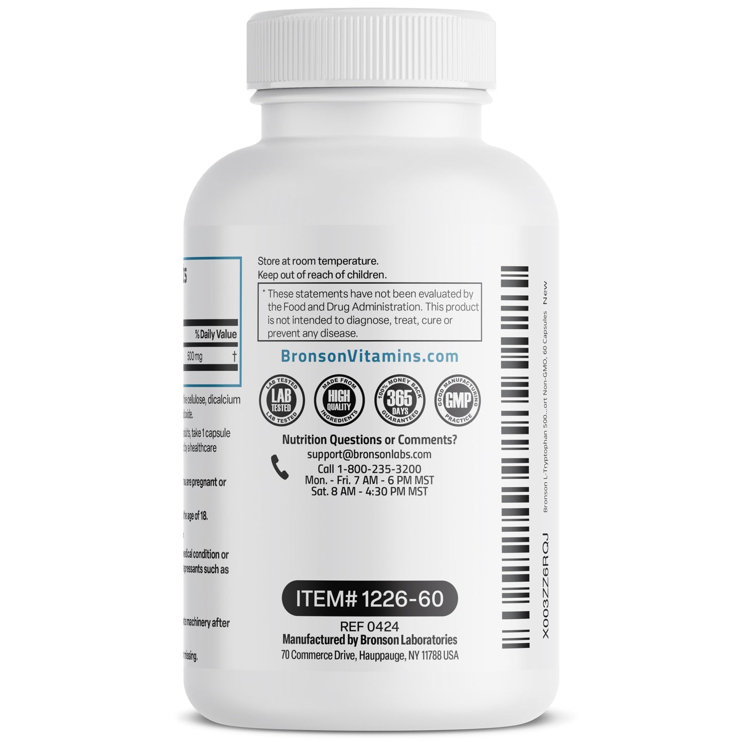 Bronson L-Tryptophan 500 mg High Potency Essential Amino Acid Supports Relaxation & Positive Mood Support Non-GMO, 60 Capsules