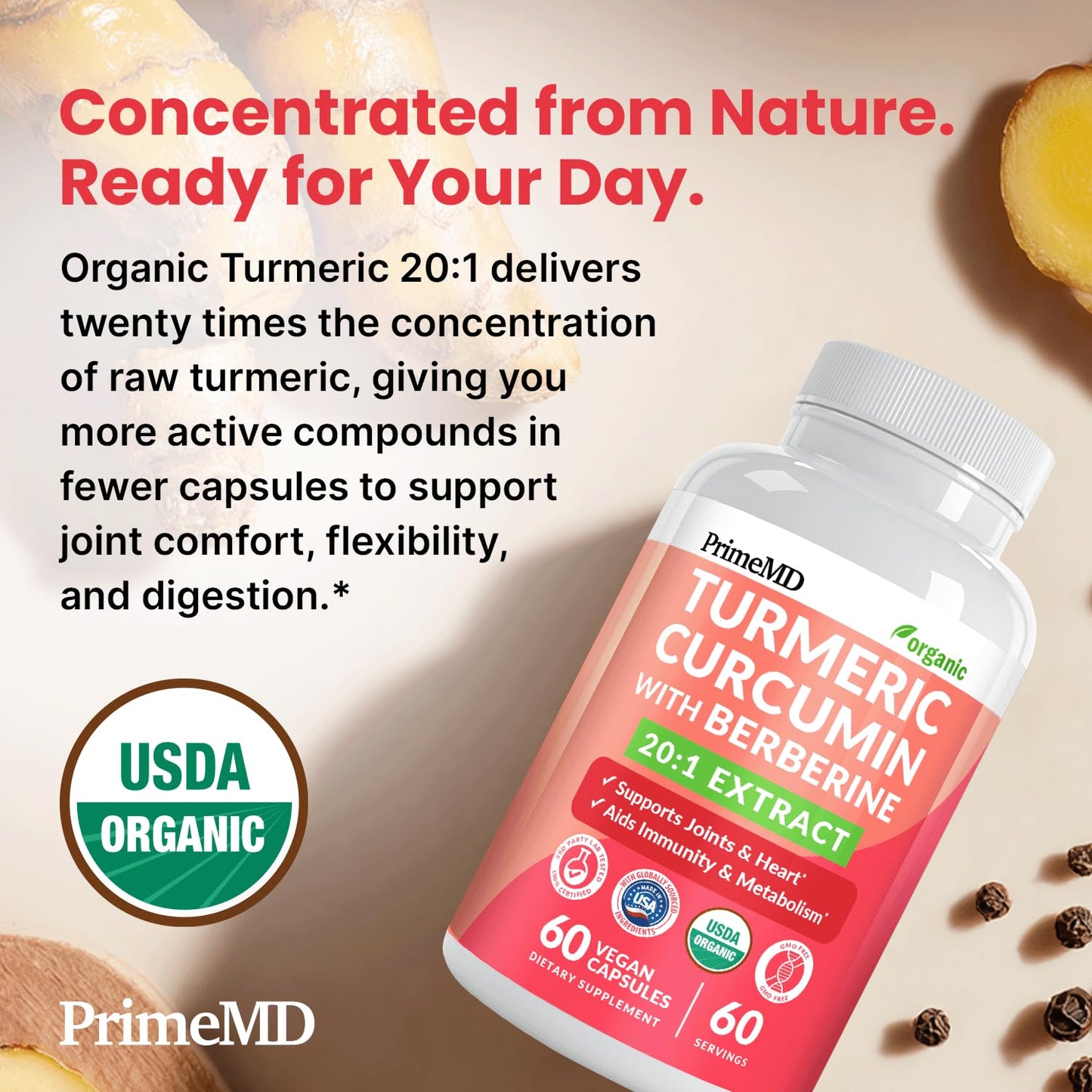 PrimeMD 5-in-1 USDA Organic Turmeric Curcumin Capsule 60 Count