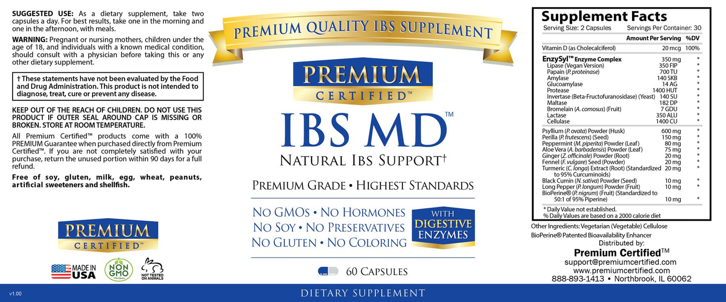 Premium Certified IBS MD Digestive Enzymes Capsules 60 Count