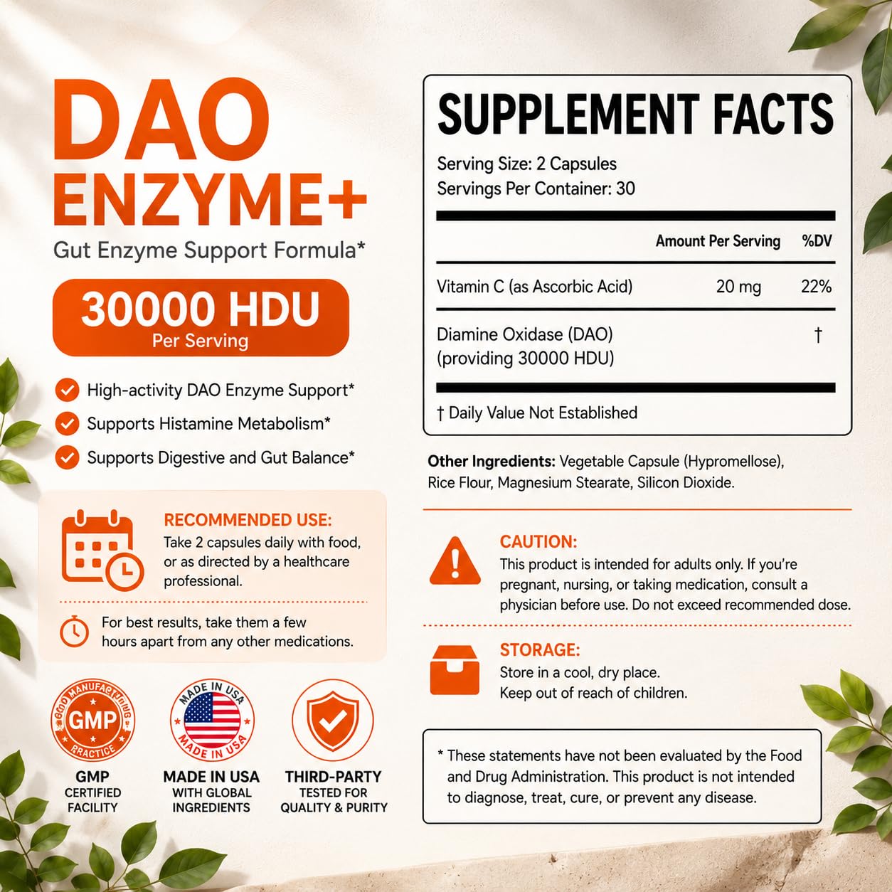 NATURALABS DAO Enzyme + Histamine Blocker - Triple-Strength 30,000 HDU Formula with Vitamin C Capsules 60 Count