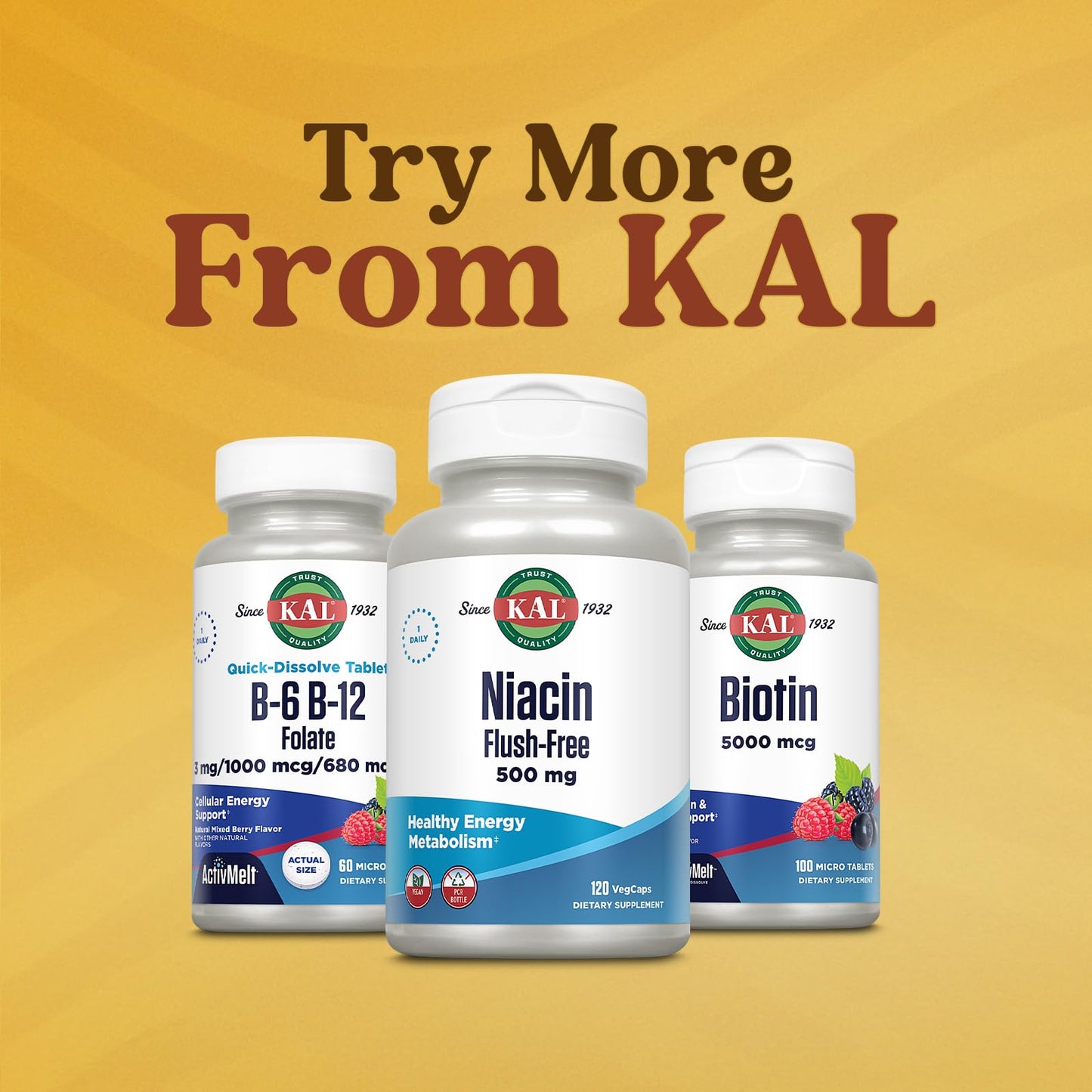 KAL Vitamin B-6, B-12 & Folic Acid Supplement with Vitamin B12 Methylcobalamin & Folate Tablets, 60 Count