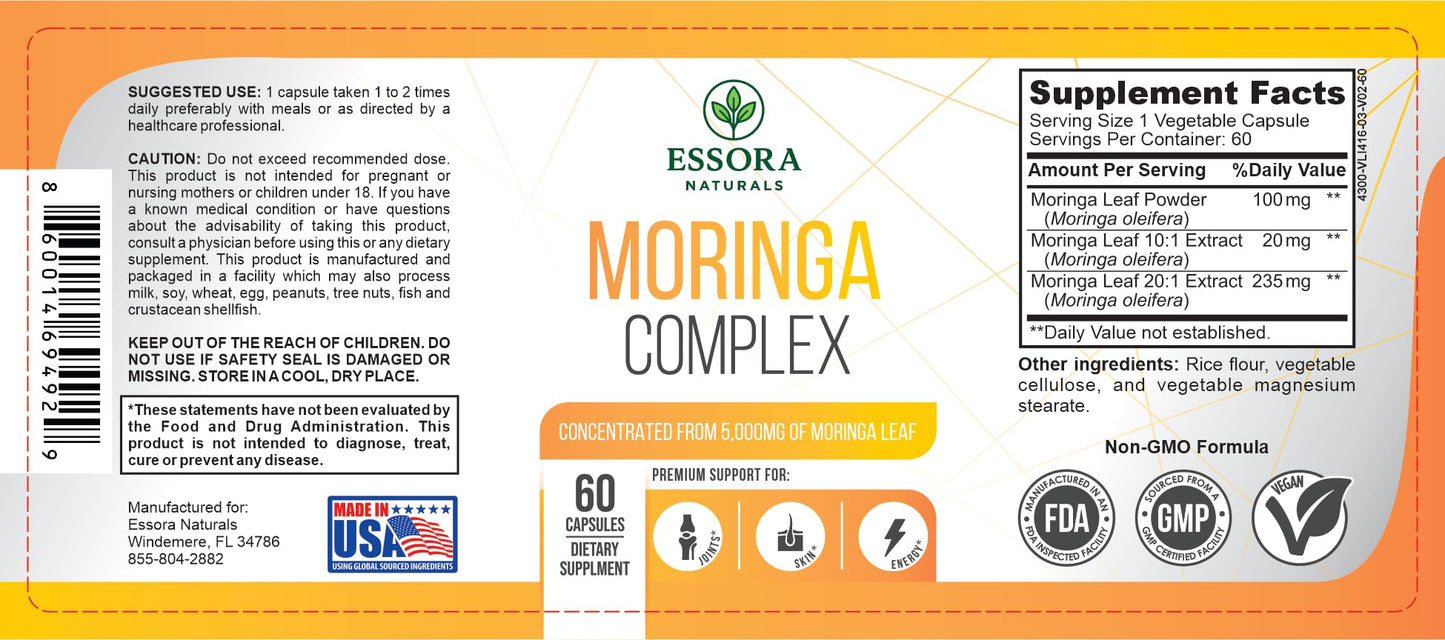 Essora Naturals Moringa Complex - Moringa Leaf Powder + 10:1 & 20:1 Extracts - Vegan, Non-GMO, 1 Capsule