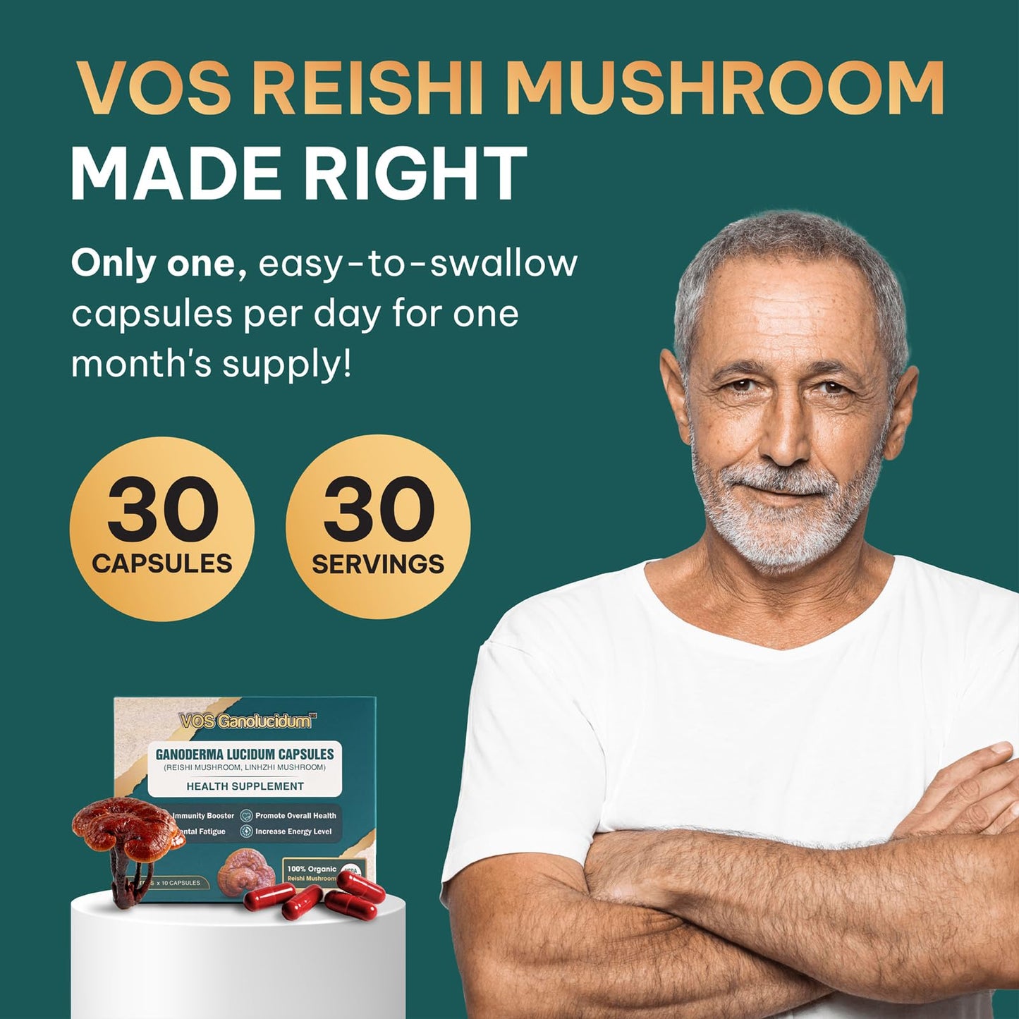 VOS GANOLUCIDUM Red Reishi Mushroom Capsules 30 Capsules