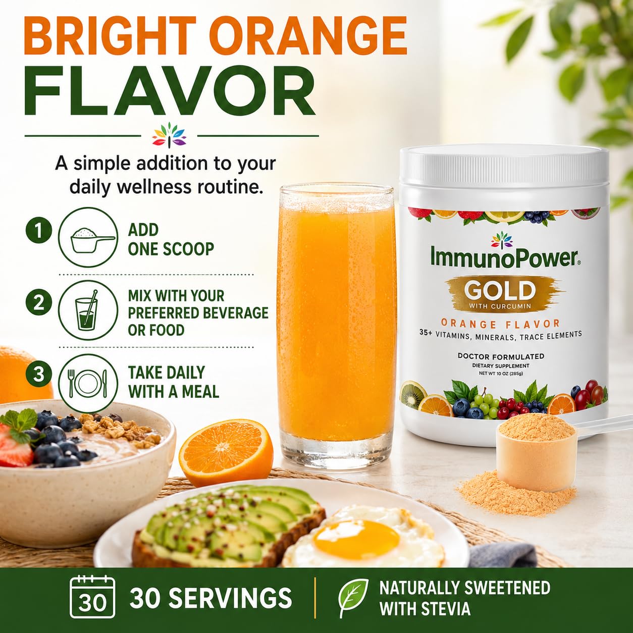 ImmunoPower Gold Turmeric Root Extract with BioPerine Immune Booster, Orange Flavor, Powder, 10 oz
